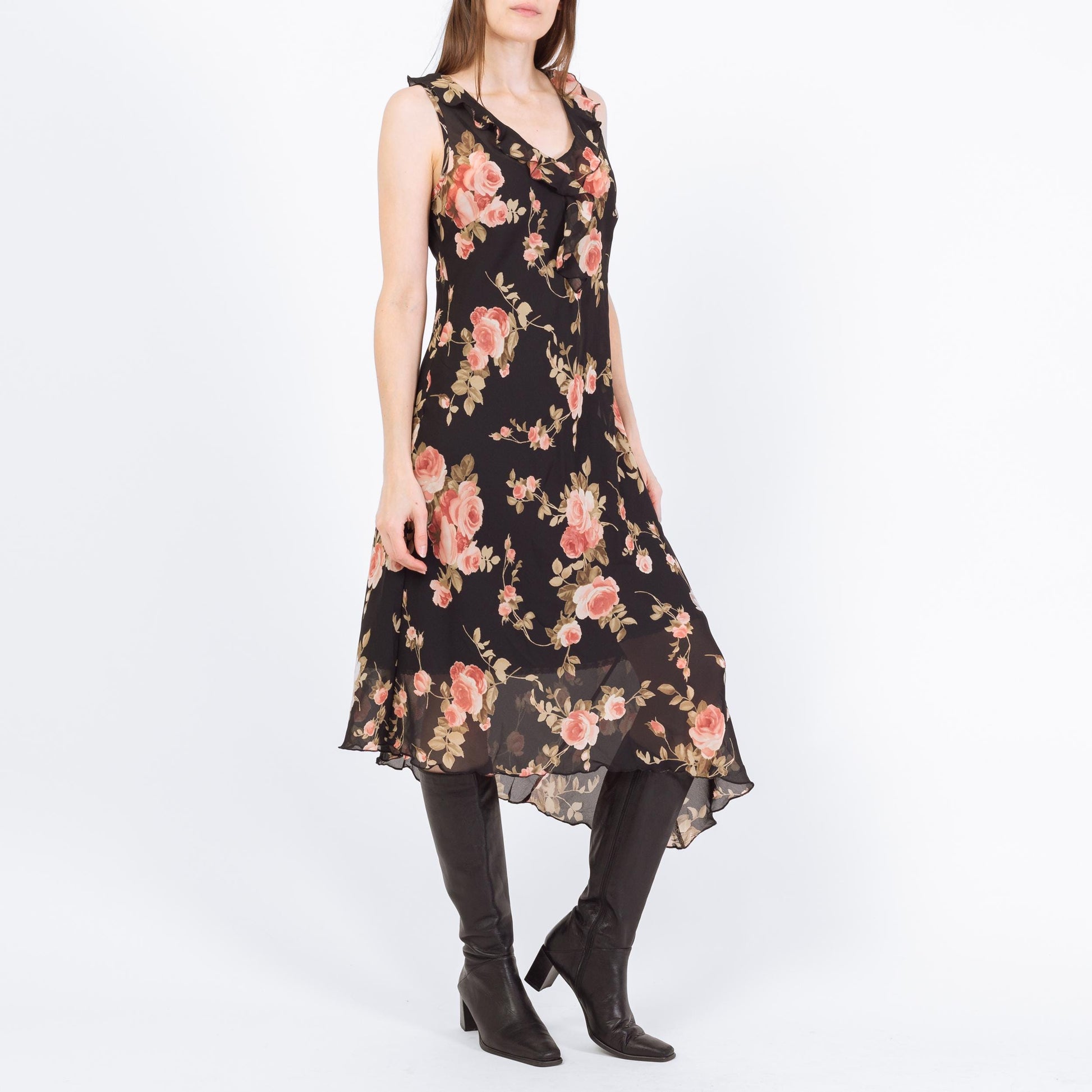 Vintage 90s Sheer Black Floral Asymmetrical Midi Dress - Small | Boho High Low Hem Ruffle Sundress