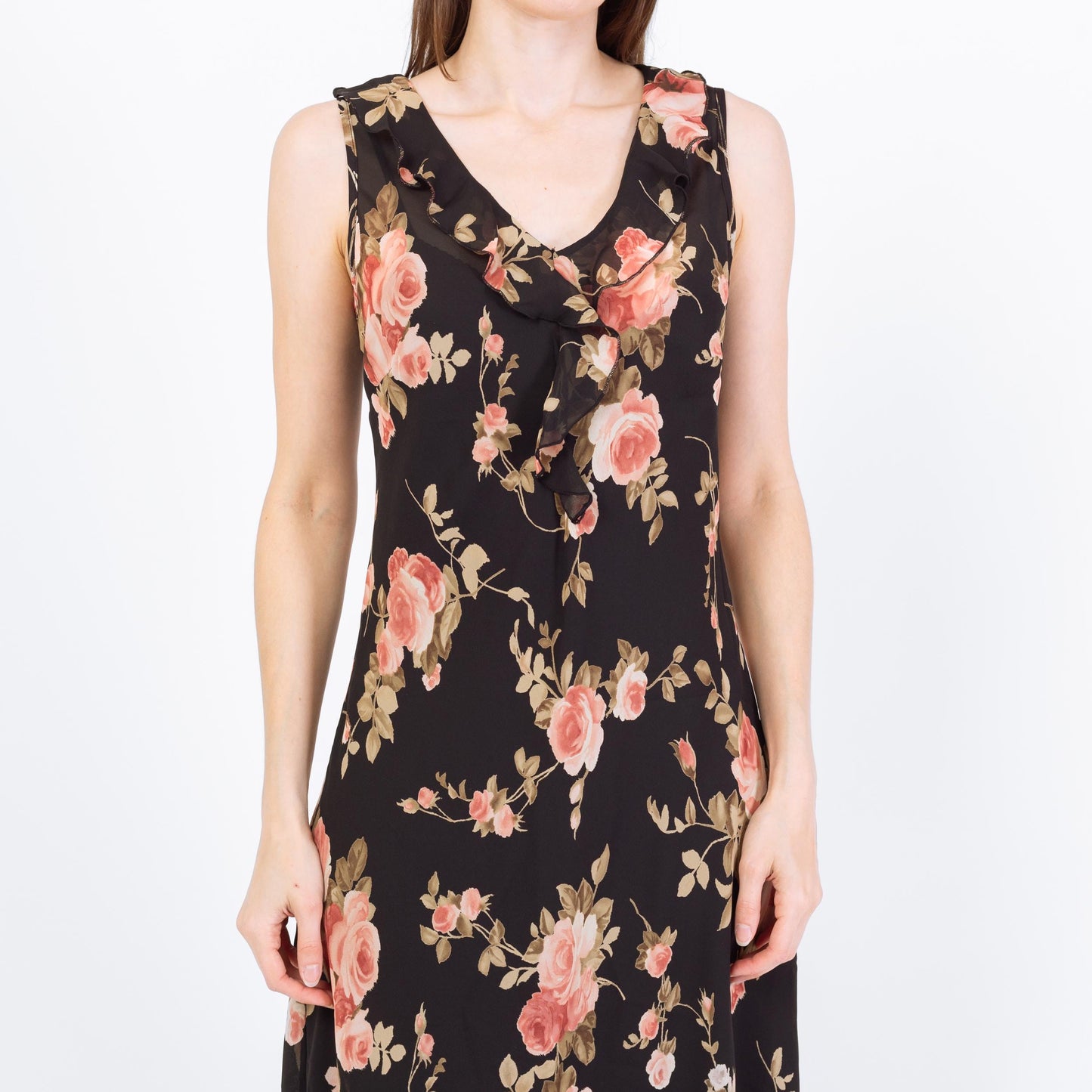 Vintage 90s Sheer Black Floral Asymmetrical Midi Dress - Small | Boho High Low Hem Ruffle Sundress