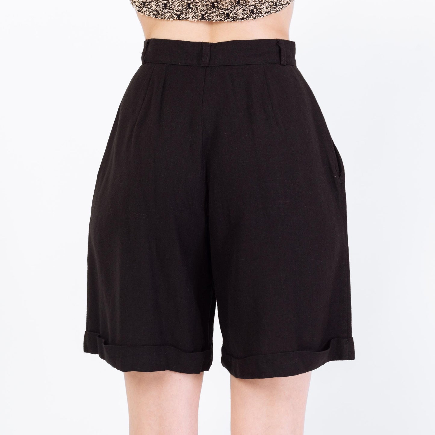 Vintage 90s Black Linen Blend Trouser Shorts - XS to Small, 26" Waist | High Waisted Pleated Wide Leg Shorts