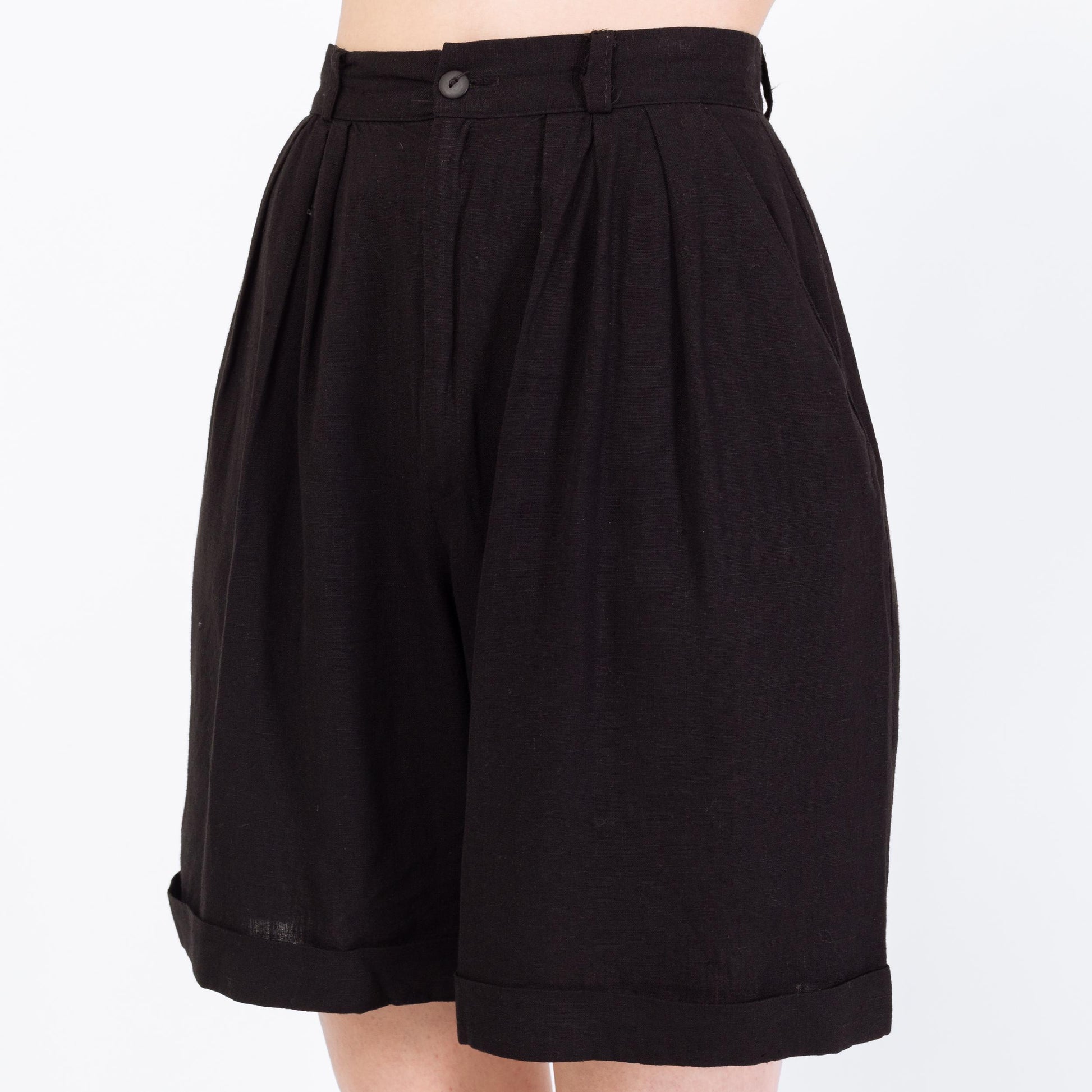 Vintage 90s Black Linen Blend Trouser Shorts - XS to Small, 26" Waist | High Waisted Pleated Wide Leg Shorts