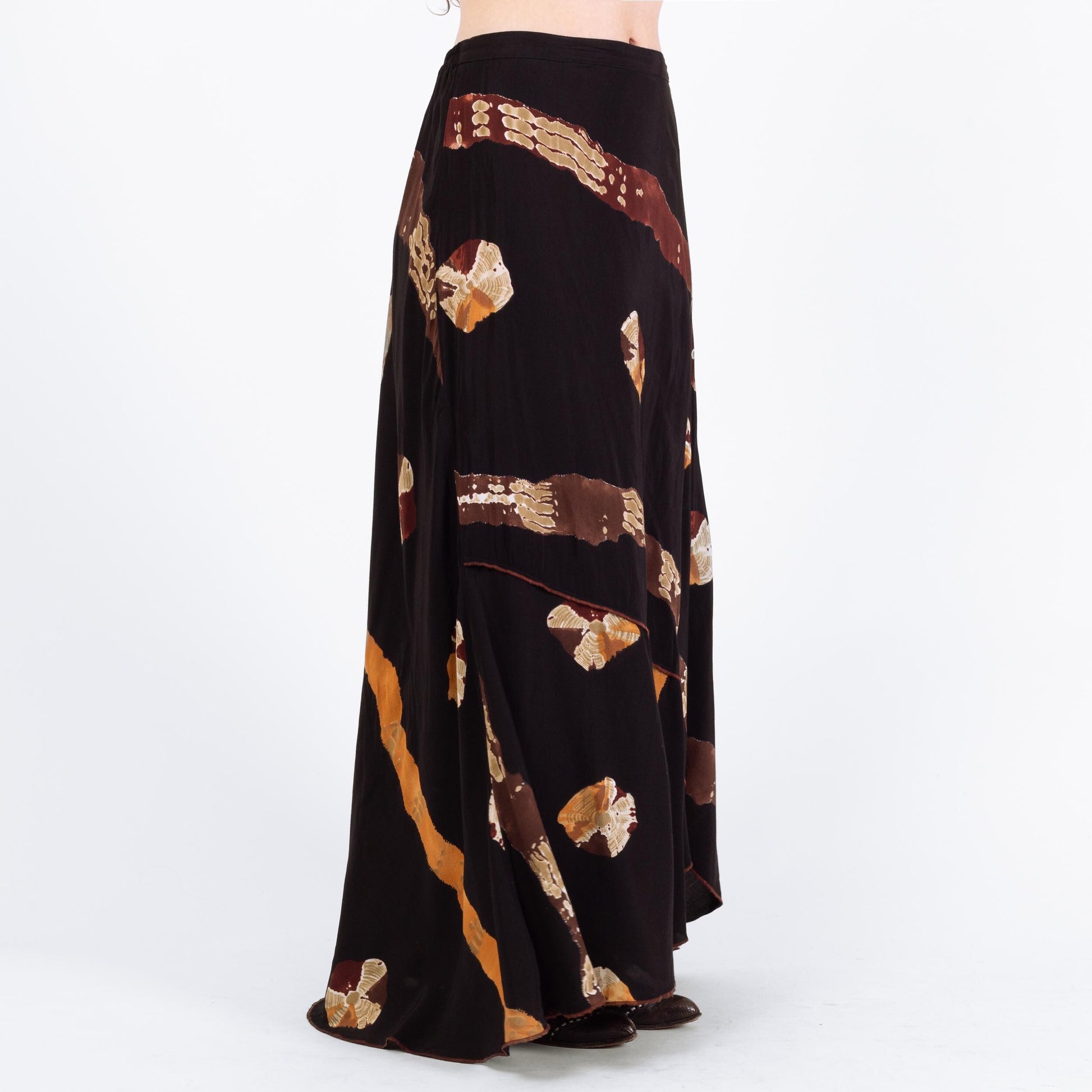Vintage 90s Boho High-Low Hem Maxi Skirt - Large | Black Brown High Waisted Abstract Skirt