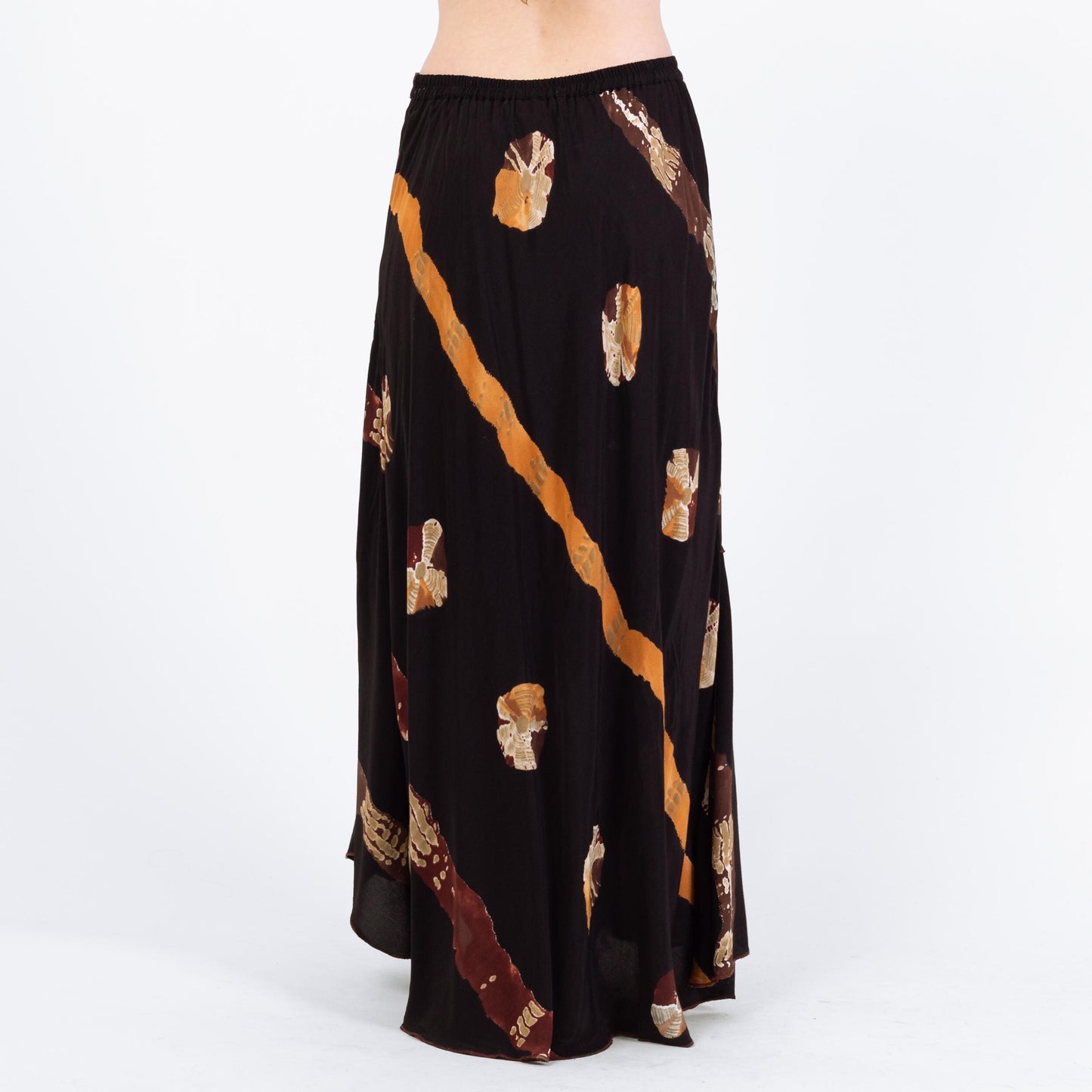 Vintage 90s Boho High-Low Hem Maxi Skirt - Large | Black Brown High Waisted Abstract Skirt