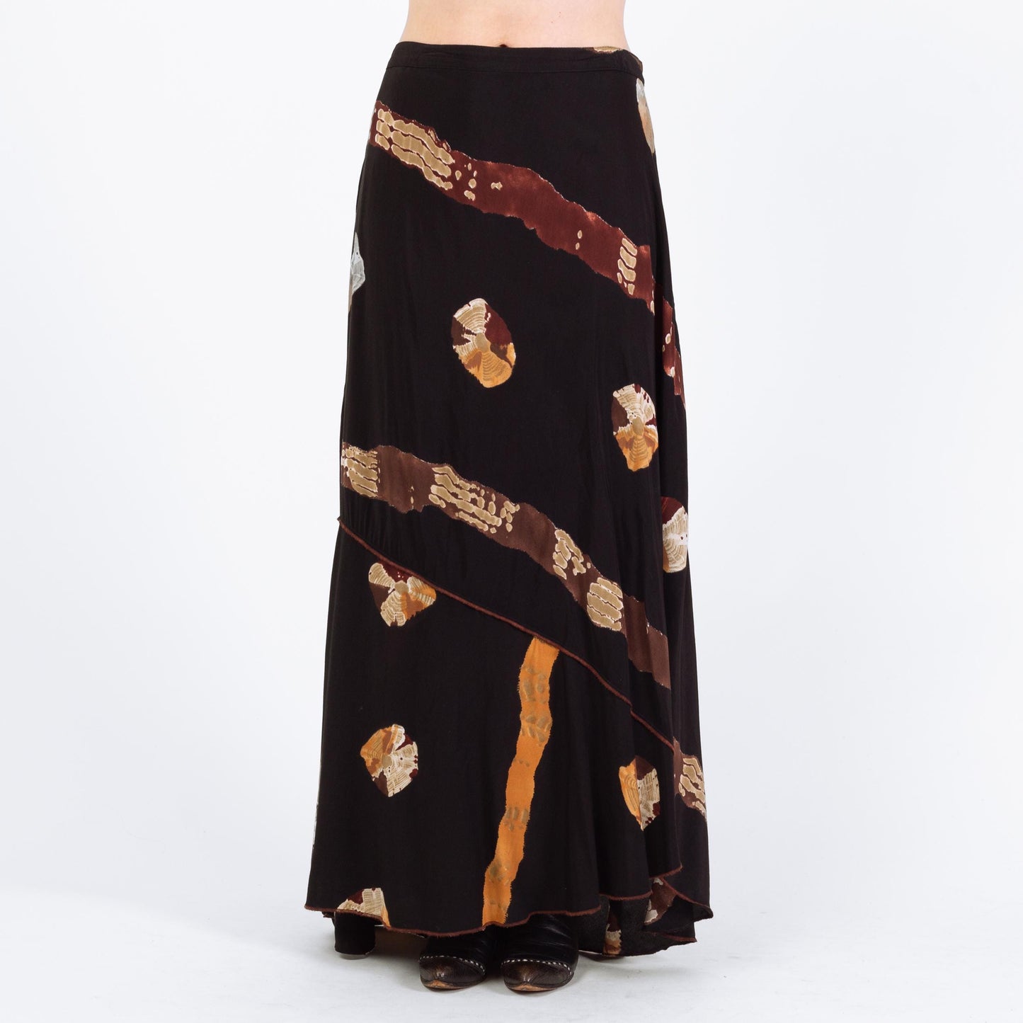 Vintage 90s Boho High-Low Hem Maxi Skirt - Large | Black Brown High Waisted Abstract Skirt