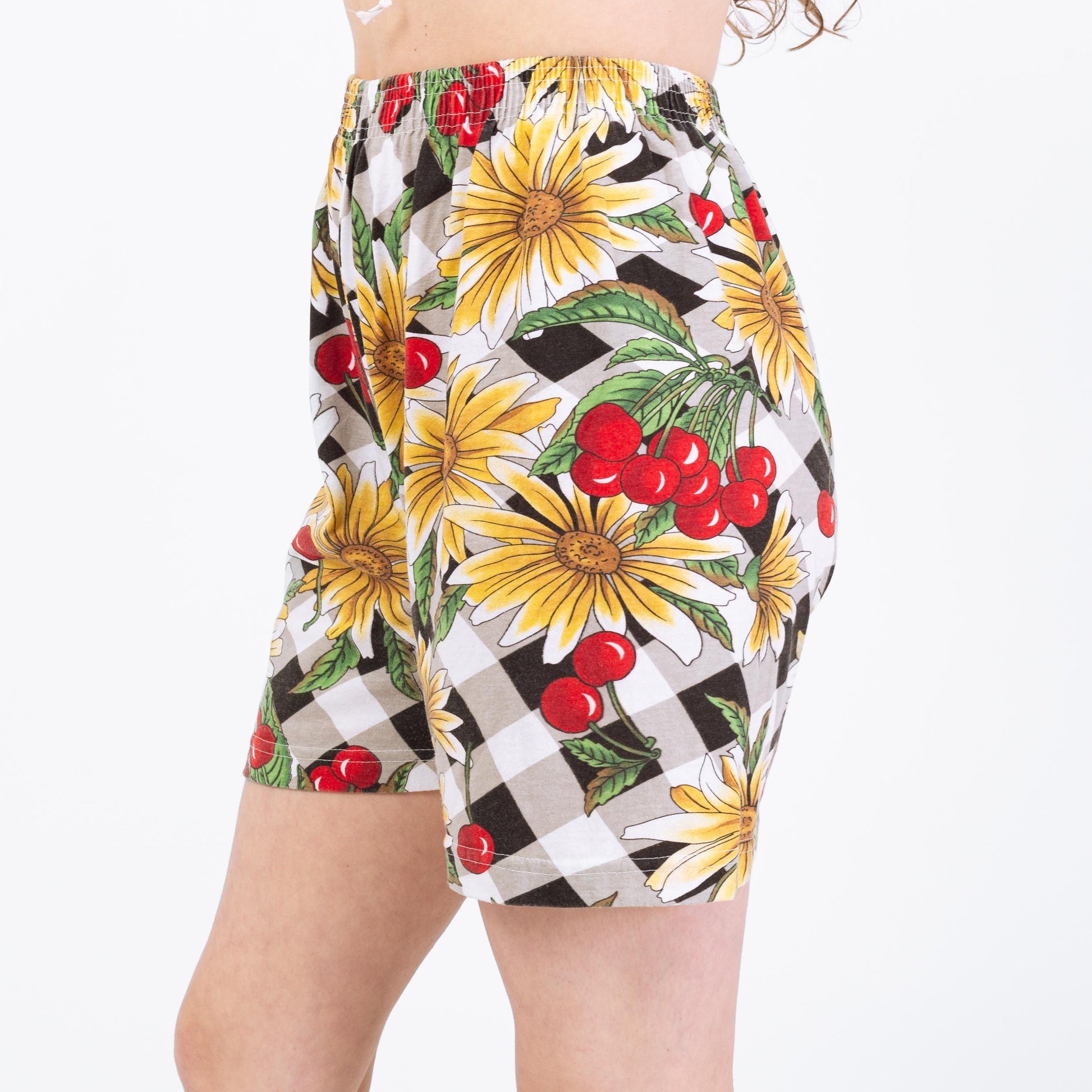 Vintage 90s Cherry Print Cotton Lounge Shorts - Small to Medium | Floral High Waisted Casual Elastic Shorts