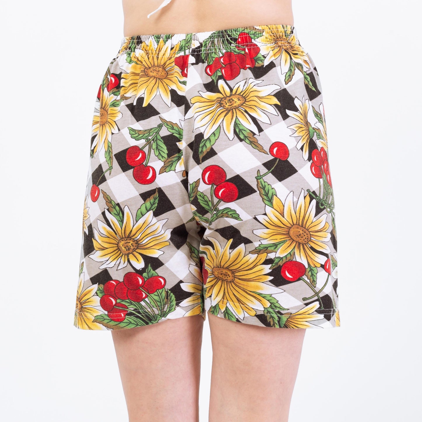 Vintage 90s Cherry Print Cotton Lounge Shorts - Small to Medium | Floral High Waisted Casual Elastic Shorts