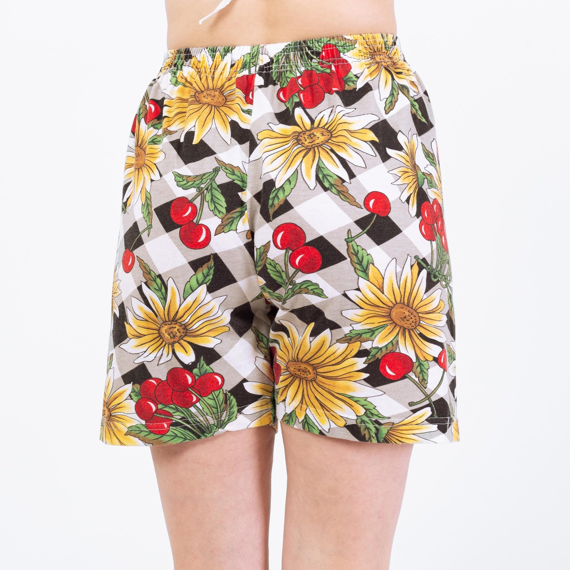 Vintage 90s Cherry Print Cotton Lounge Shorts - Small to Medium | Floral High Waisted Casual Elastic Shorts