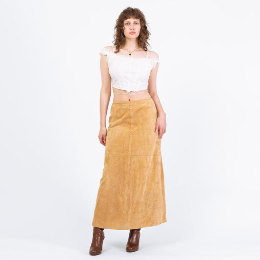 Vintage 90s Tan Suede Floral Patchwork Maxi Skirt - Medium, 30" Waist | Leather High Waisted A Line Long Western Skirt