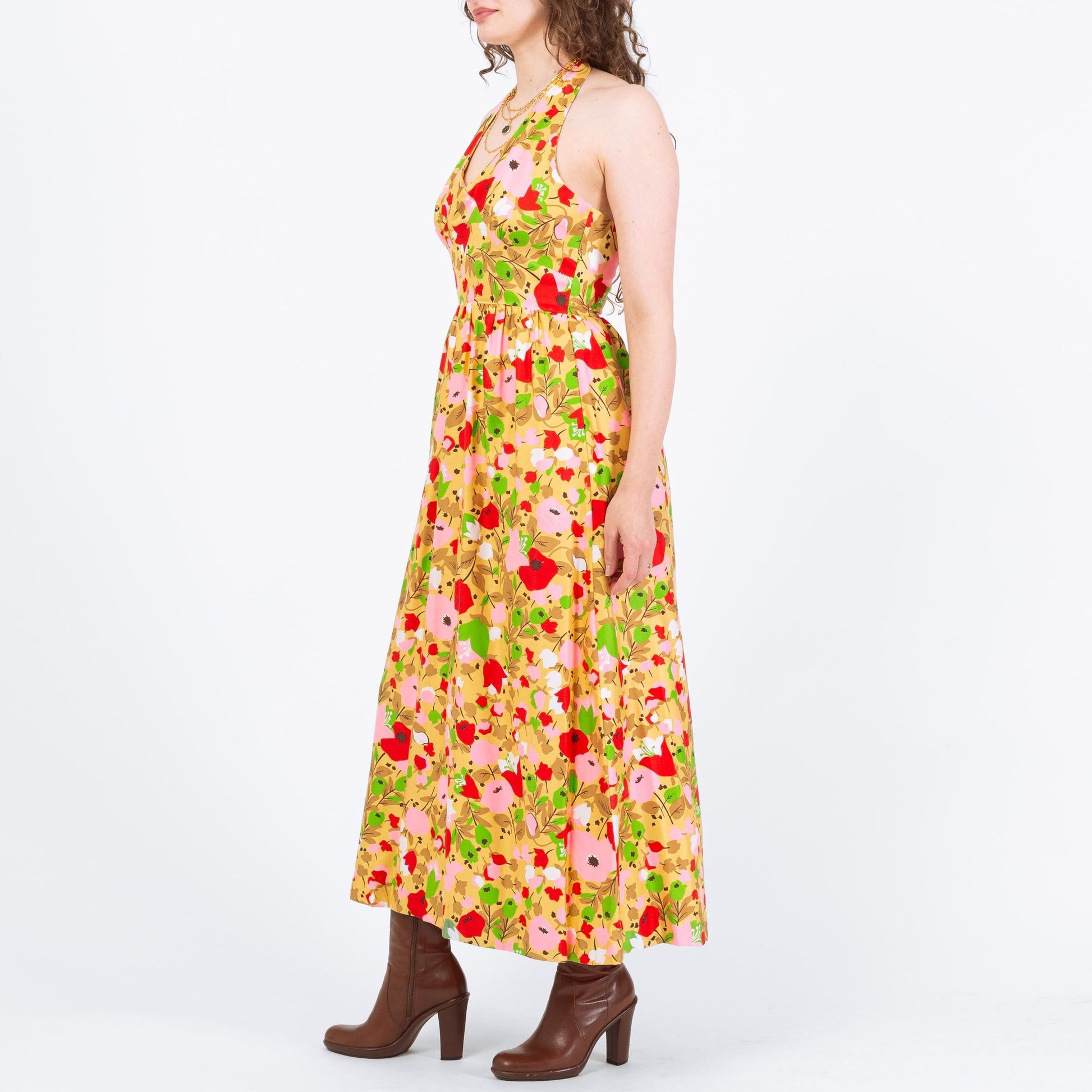 Vintage 70s Poppy Print Halter Maxi Sundress - Small | Boho Flower Power Dress