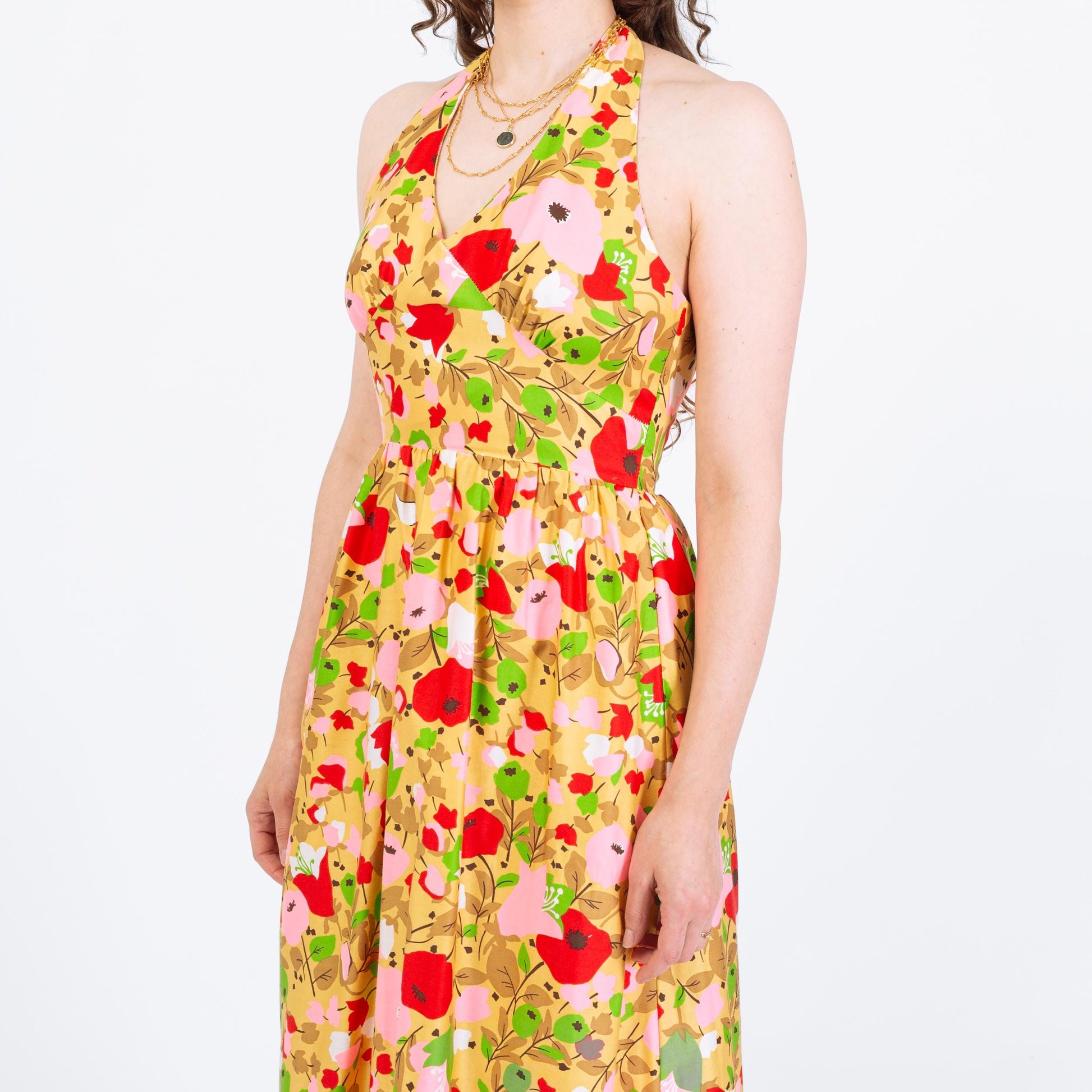 Vintage 70s Poppy Print Halter Maxi Sundress - Small | Boho Flower Power Dress