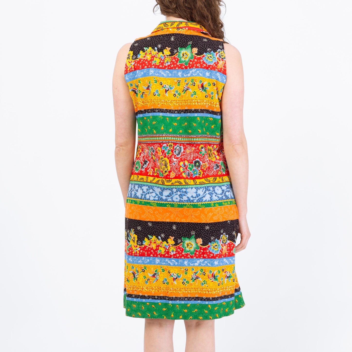 Vintage 70s Boho Striped Floral Sleeveless Shirtdress - Large | Collared Button Up Hippie Sundress