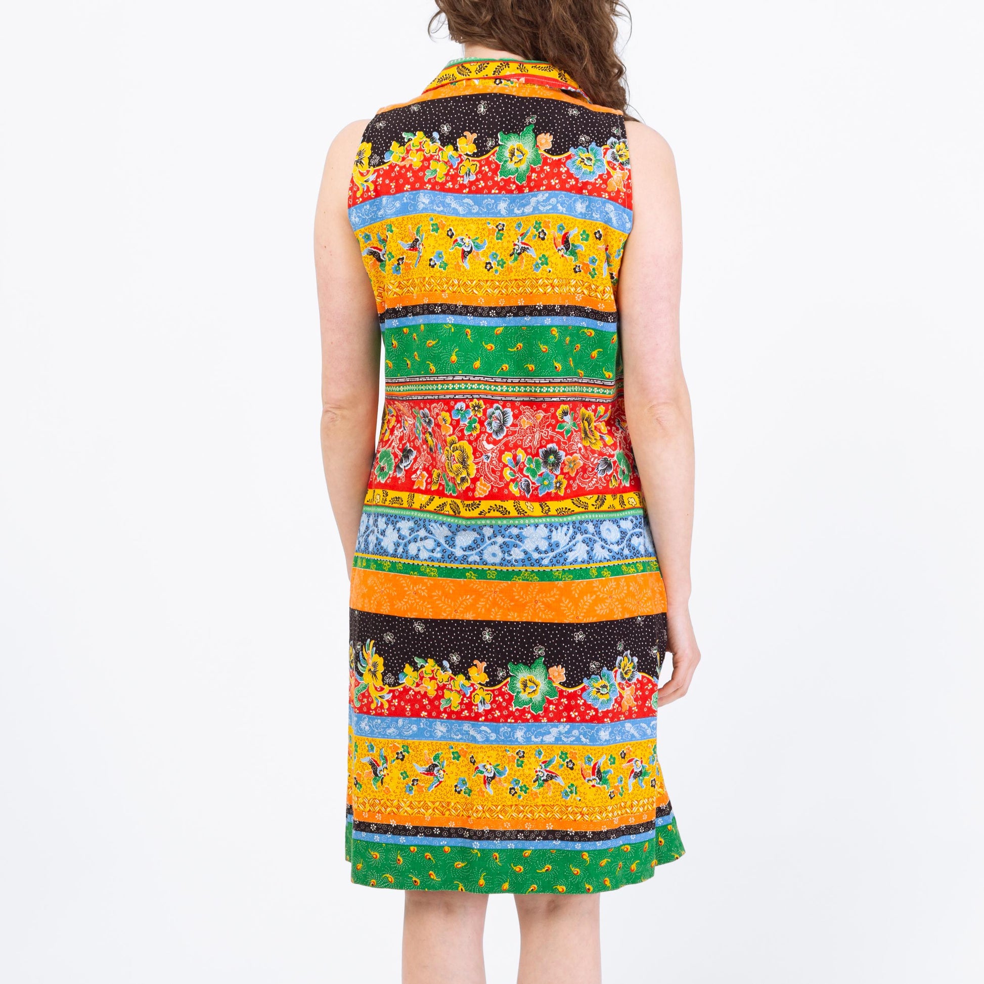Vintage 70s Boho Striped Floral Sleeveless Shirtdress - Large | Collared Button Up Hippie Sundress