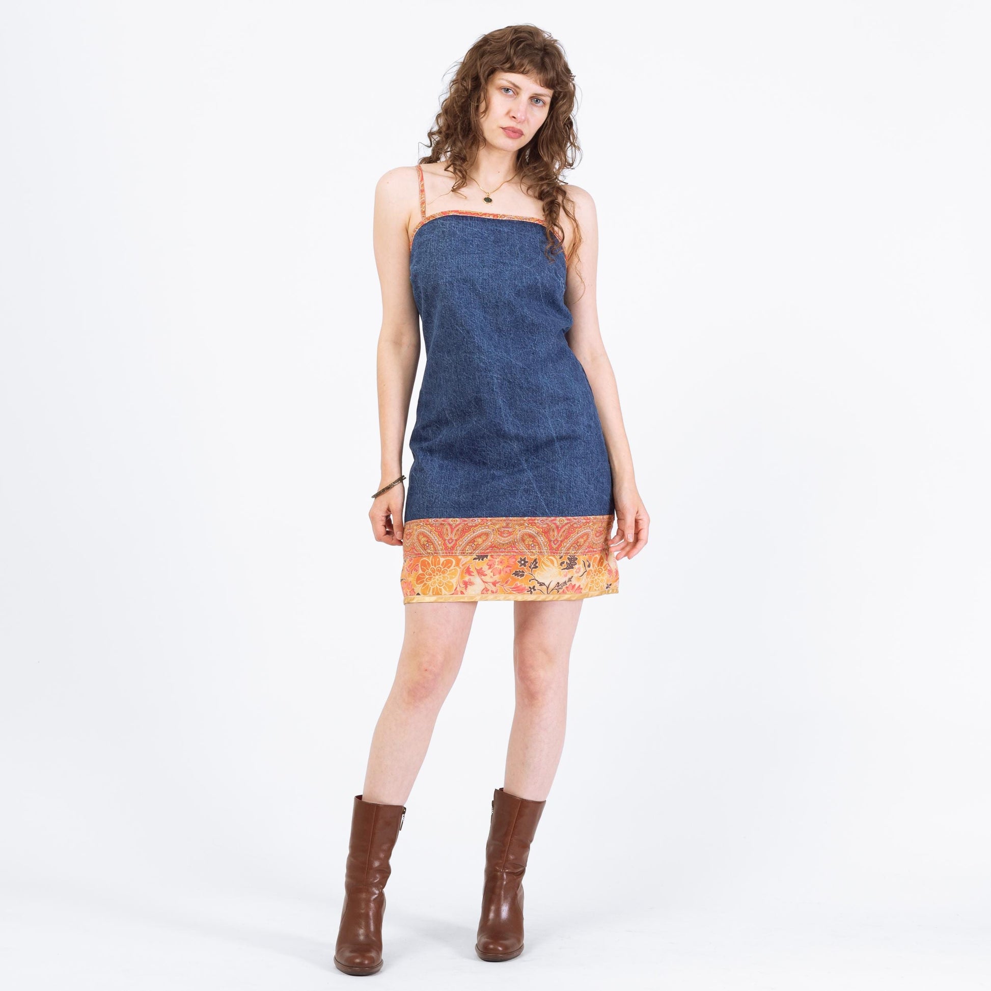 Vintage 90s Denim Low Tie Back Boho Mini Dress - Medium | Sleeveless Floral Trim Sundress