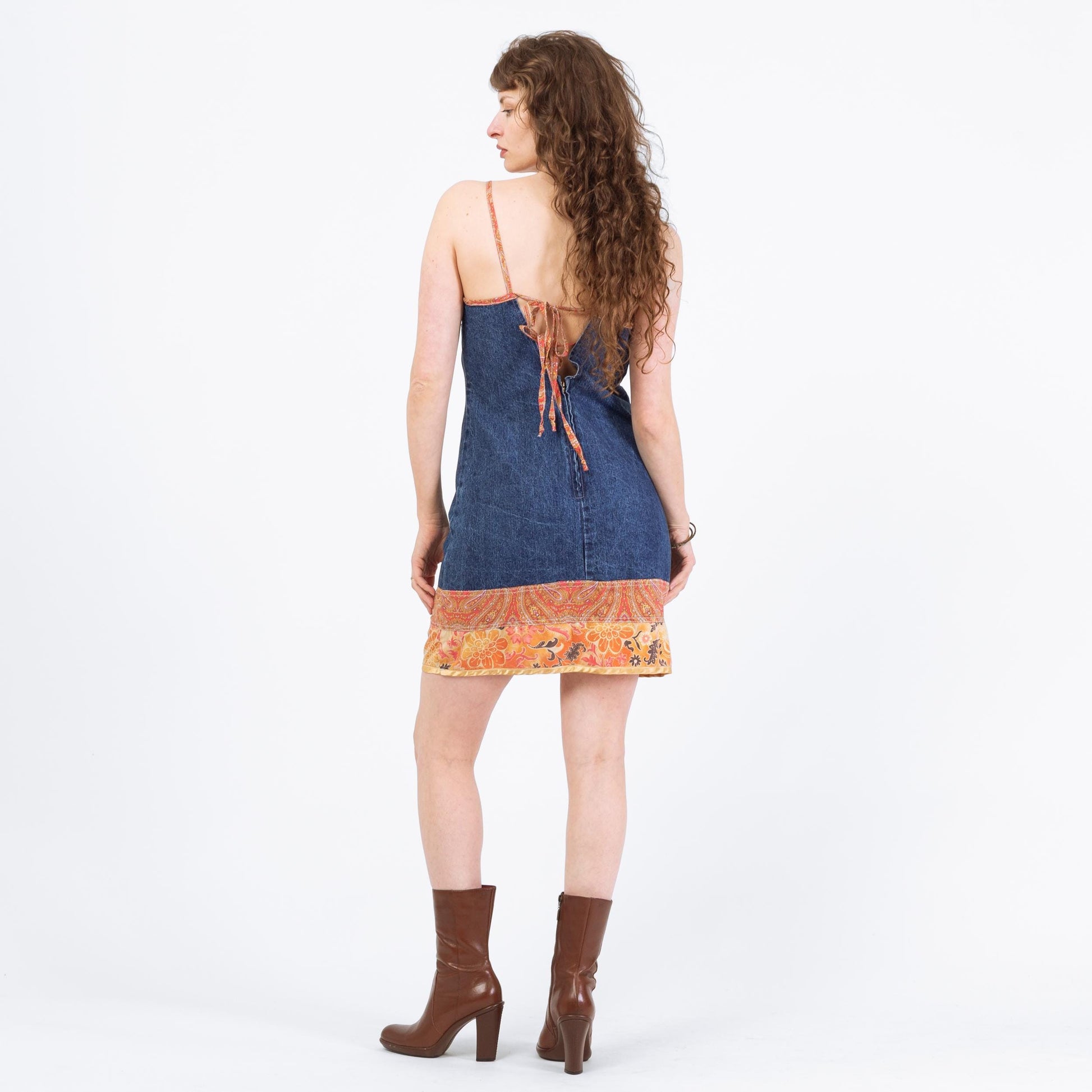 Vintage 90s Denim Low Tie Back Boho Mini Dress - Medium | Sleeveless Floral Trim Sundress