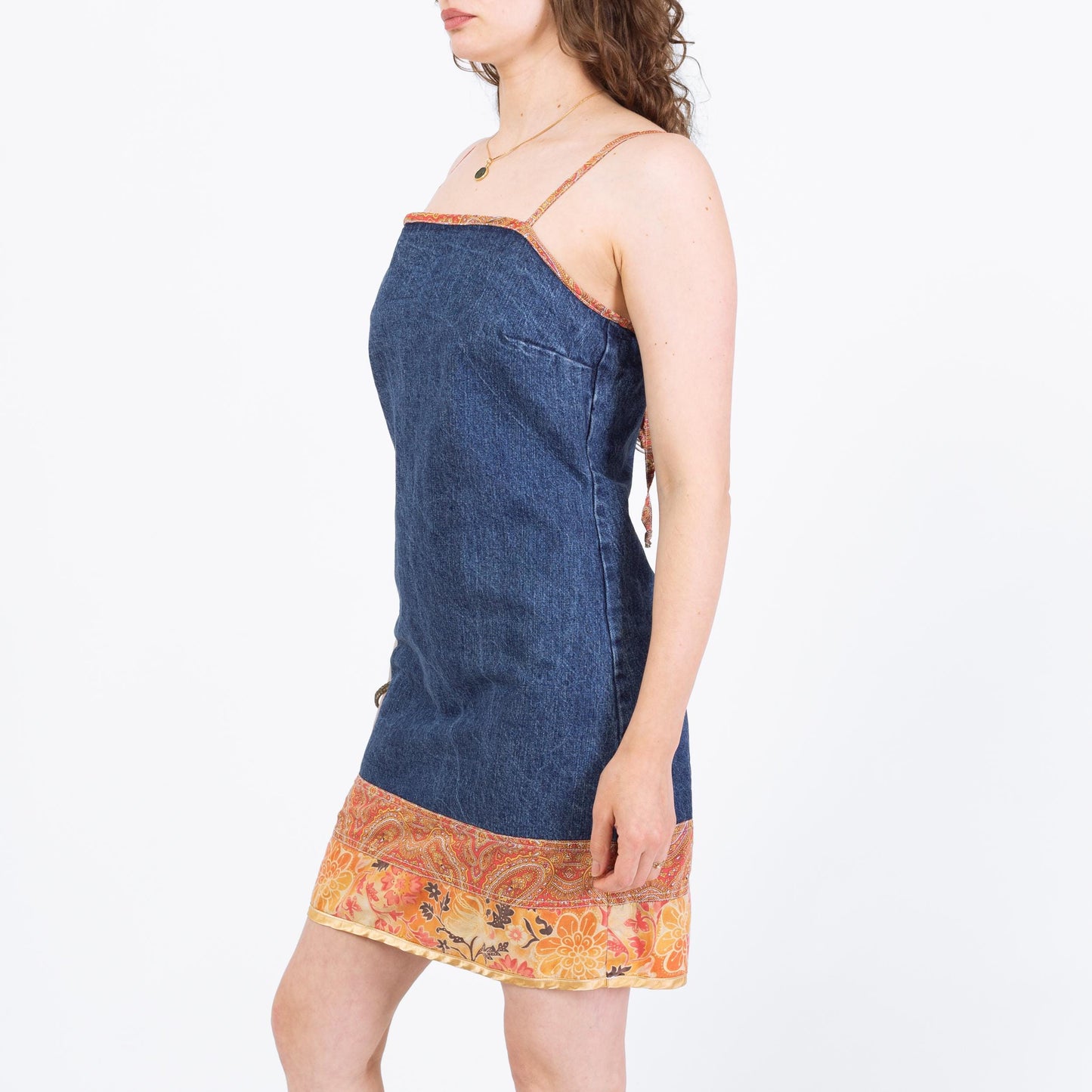 Vintage 90s Denim Low Tie Back Boho Mini Dress - Medium | Sleeveless Floral Trim Sundress