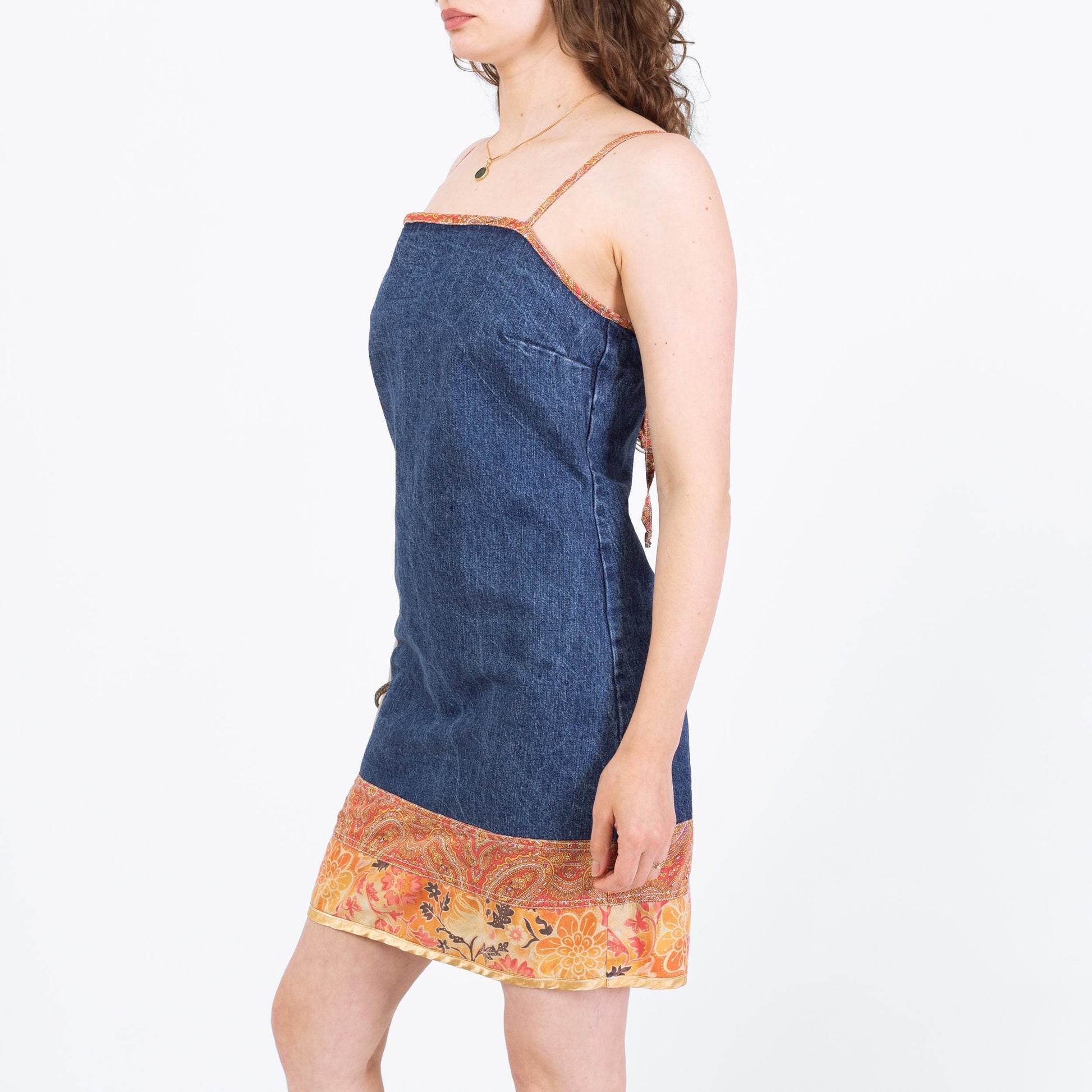 Vintage 90s Denim Low Tie Back Boho Mini Dress - Medium | Sleeveless Floral Trim Sundress