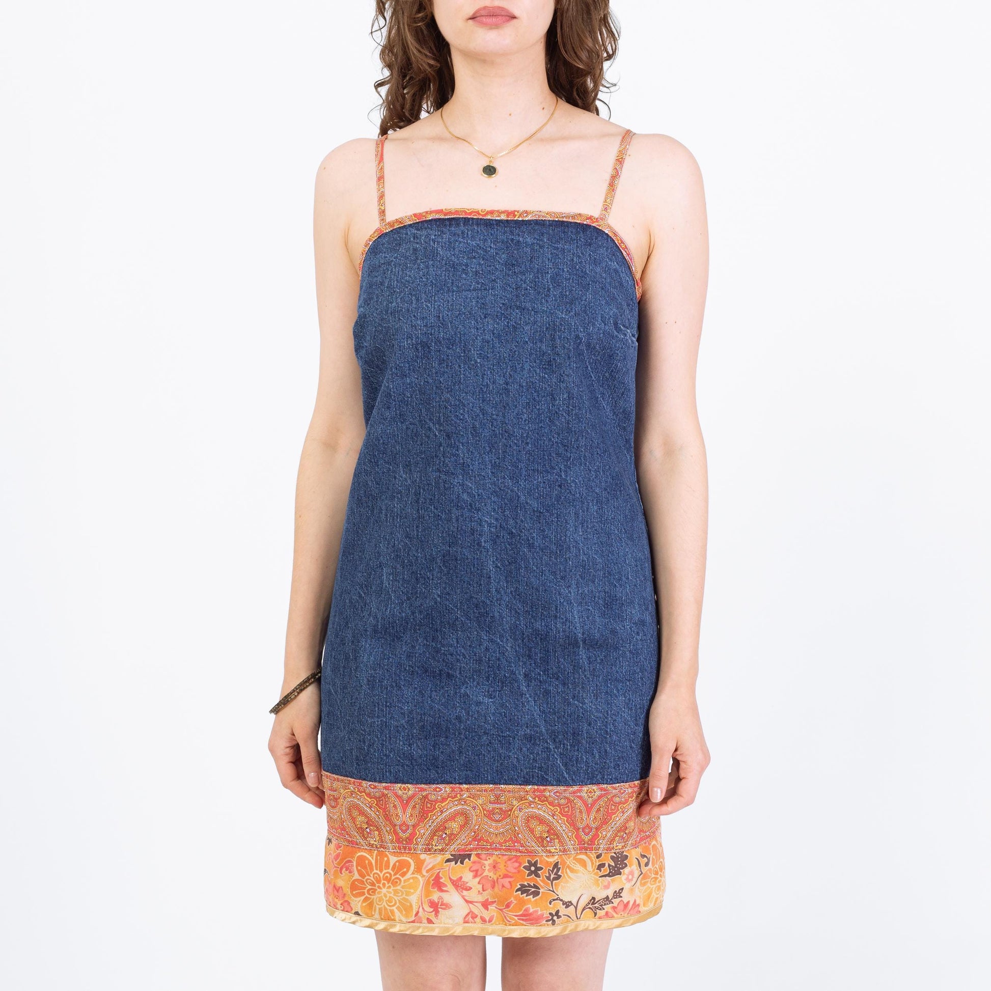 Vintage 90s Denim Low Tie Back Boho Mini Dress - Medium | Sleeveless Floral Trim Sundress