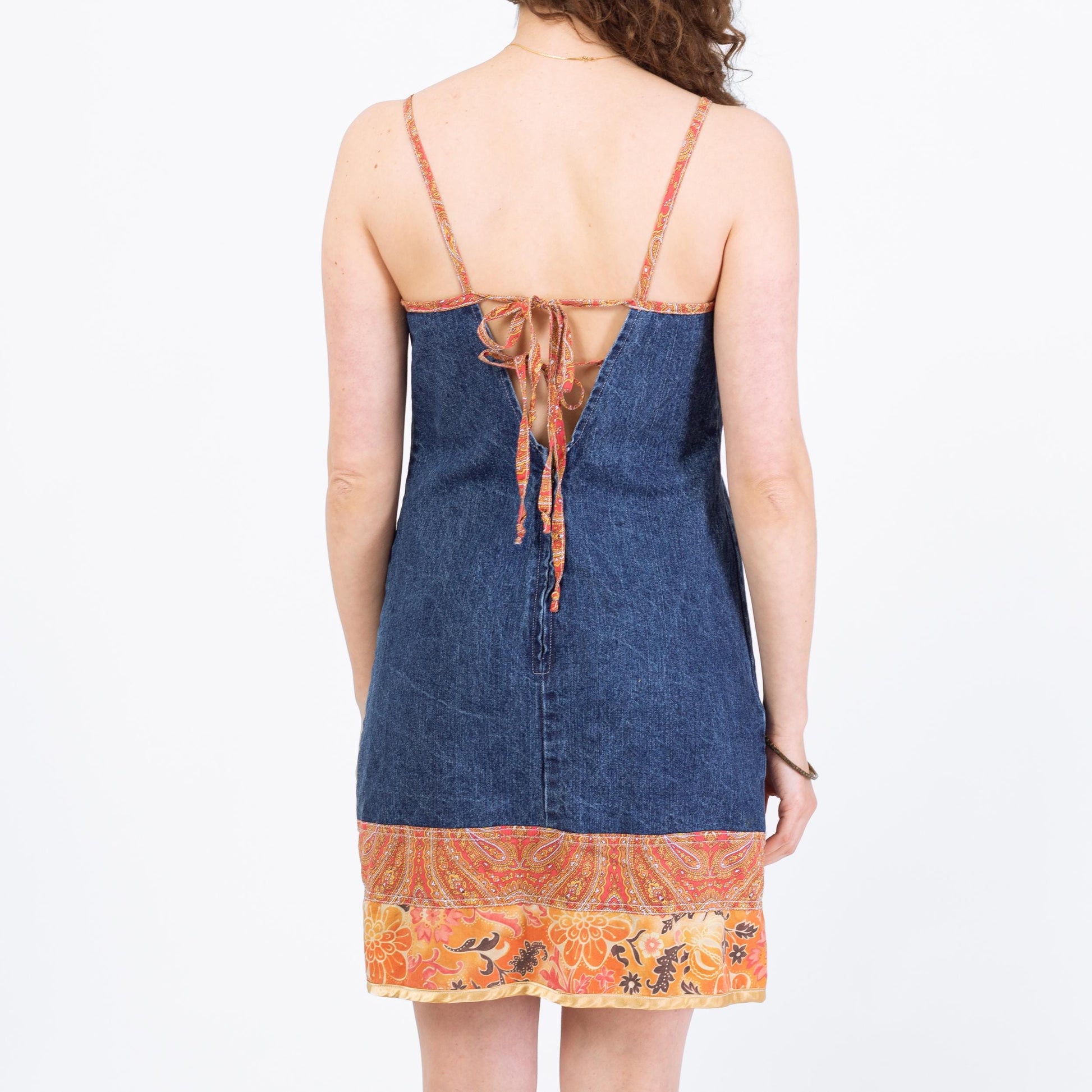 Vintage 90s Denim Low Tie Back Boho Mini Dress - Medium | Sleeveless Floral Trim Sundress