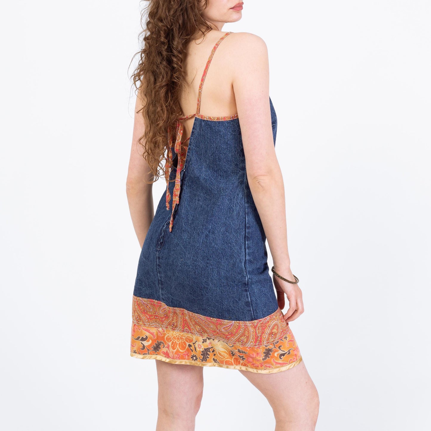 Vintage 90s Denim Low Tie Back Boho Mini Dress - Medium | Sleeveless Floral Trim Sundress