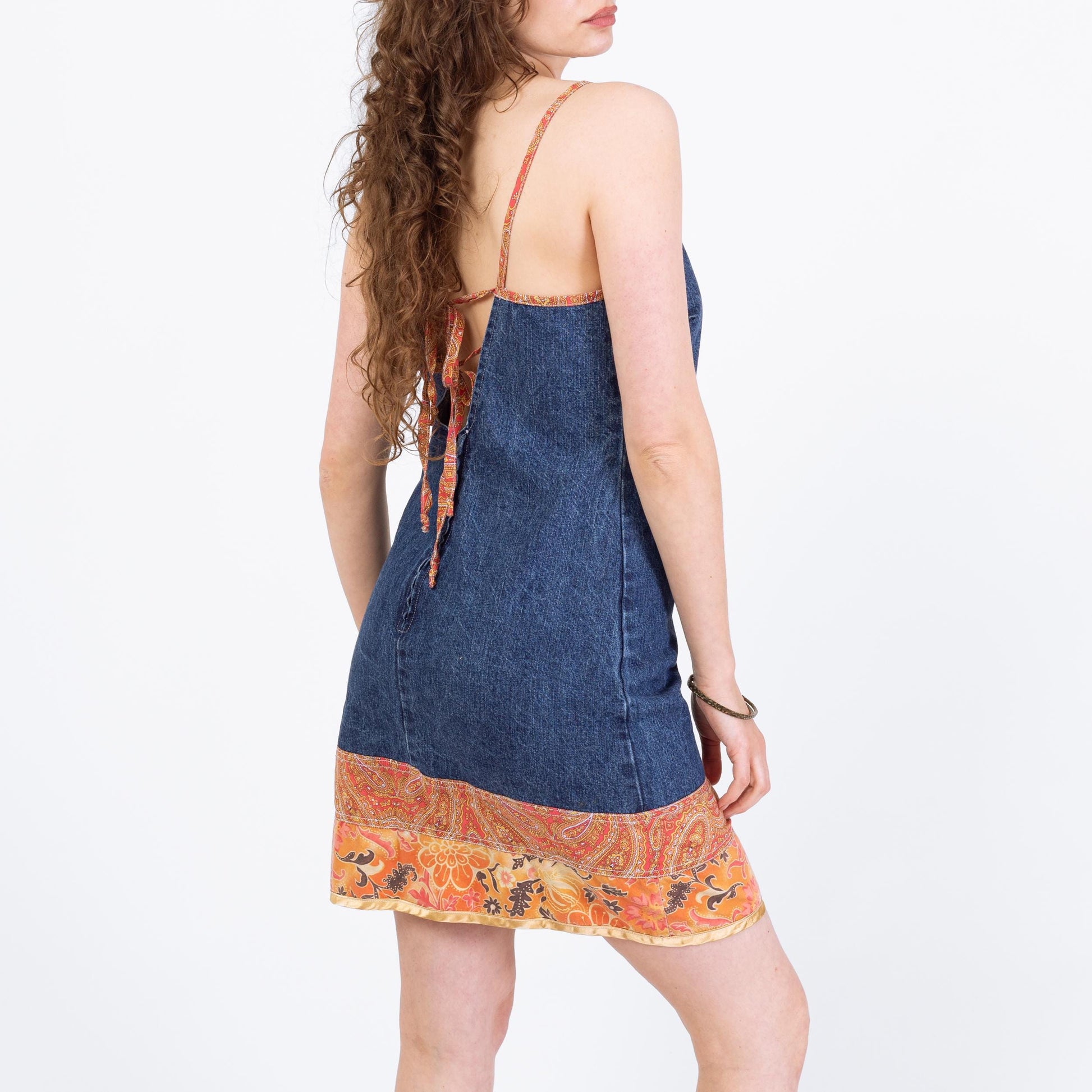 Vintage 90s Denim Low Tie Back Boho Mini Dress - Medium | Sleeveless Floral Trim Sundress
