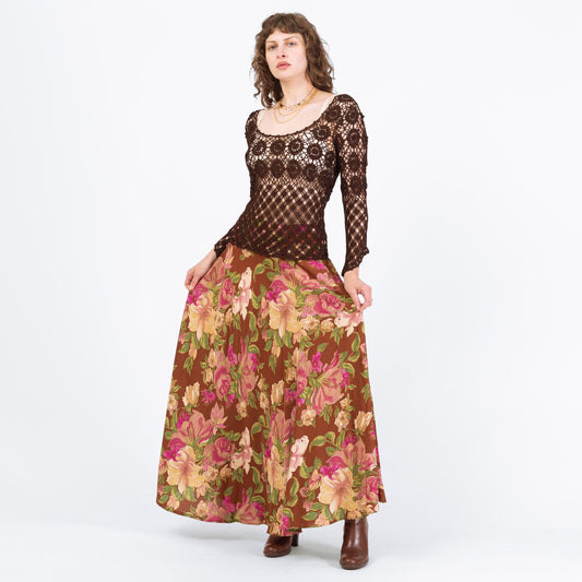 Vintage 90s Boho Brown Floral Maxi Skirt - Medium to Large, 30" Waist | High Waisted Hippie Skirt