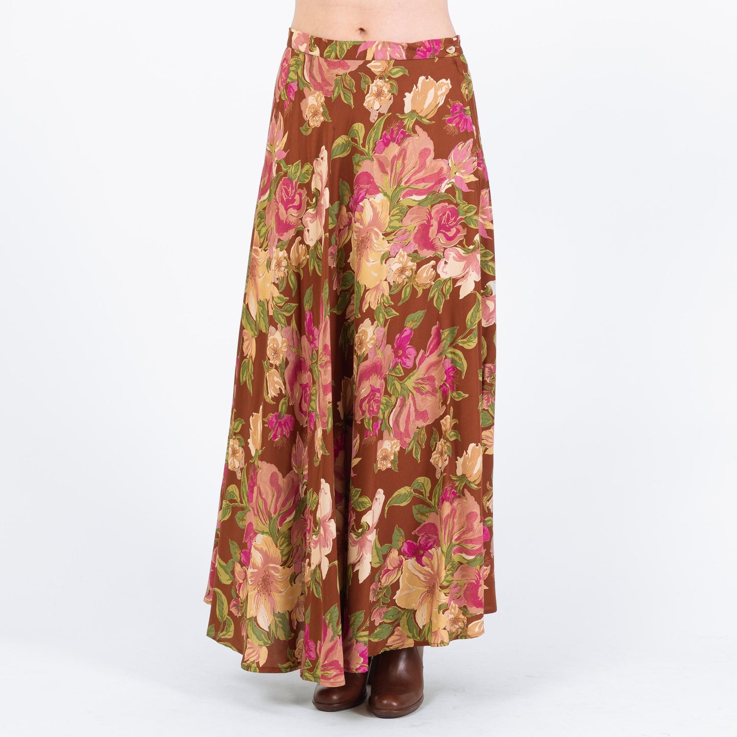 Vintage 90s Boho Brown Floral Maxi Skirt - Medium to Large, 30" Waist | High Waisted Hippie Skirt