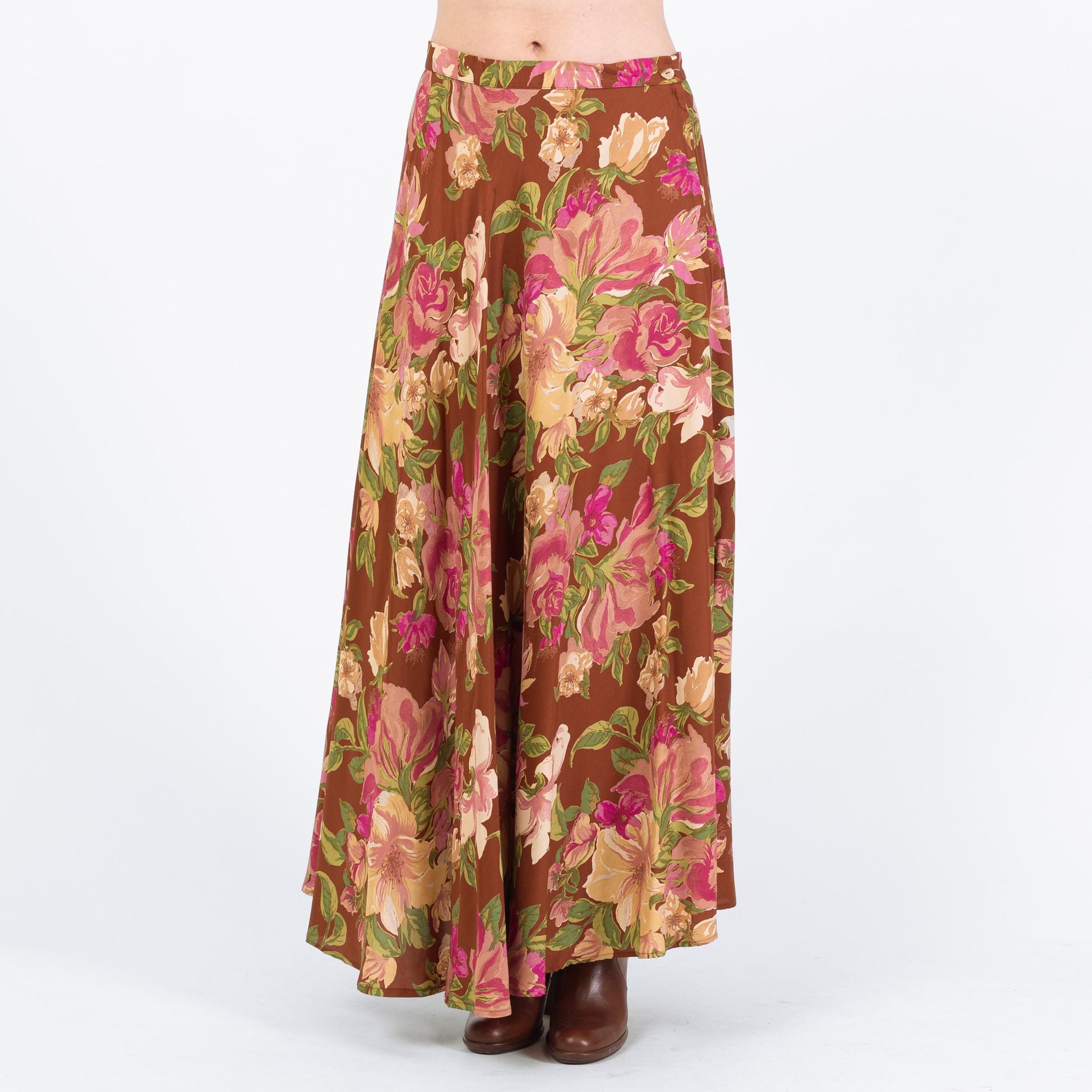 Vintage 90s Boho Brown Floral Maxi Skirt - Medium to Large, 30" Waist | High Waisted Hippie Skirt