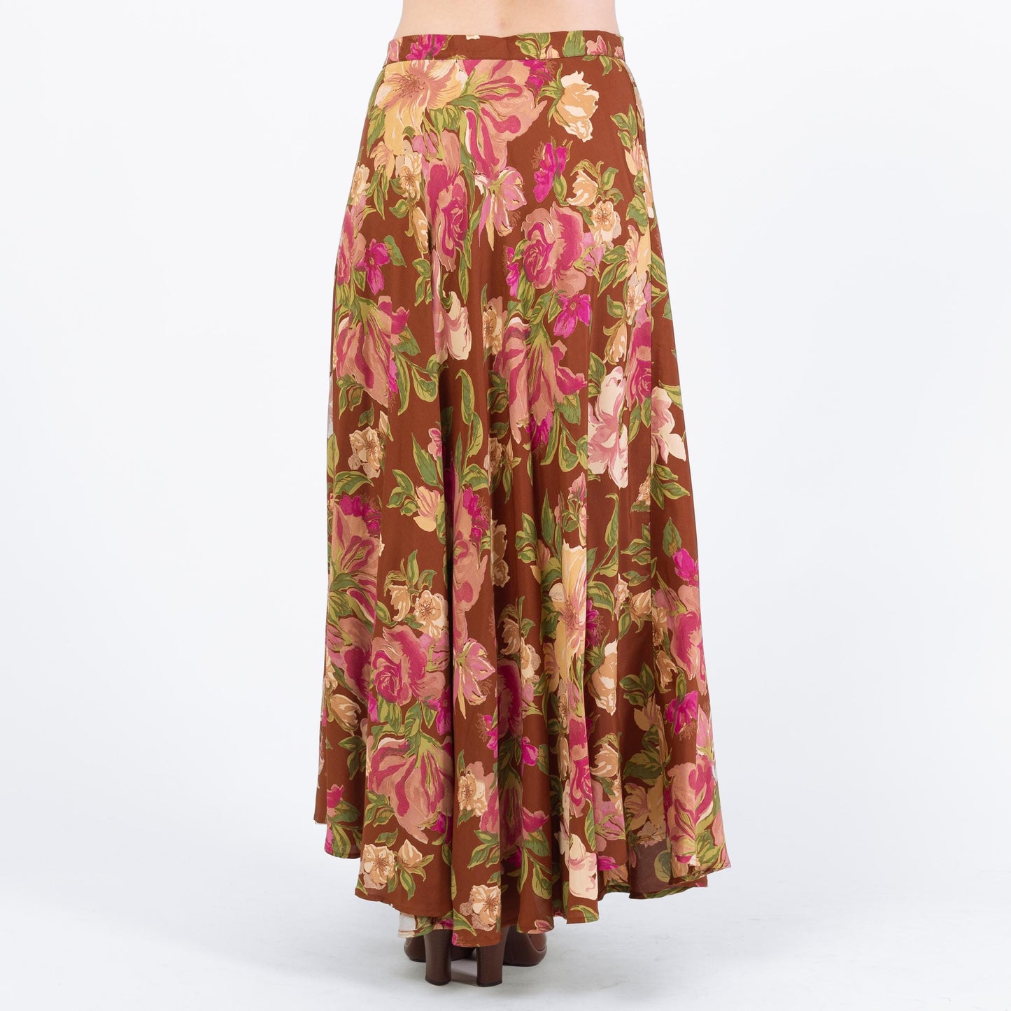 Vintage 90s Boho Brown Floral Maxi Skirt - Medium to Large, 30" Waist | High Waisted Hippie Skirt