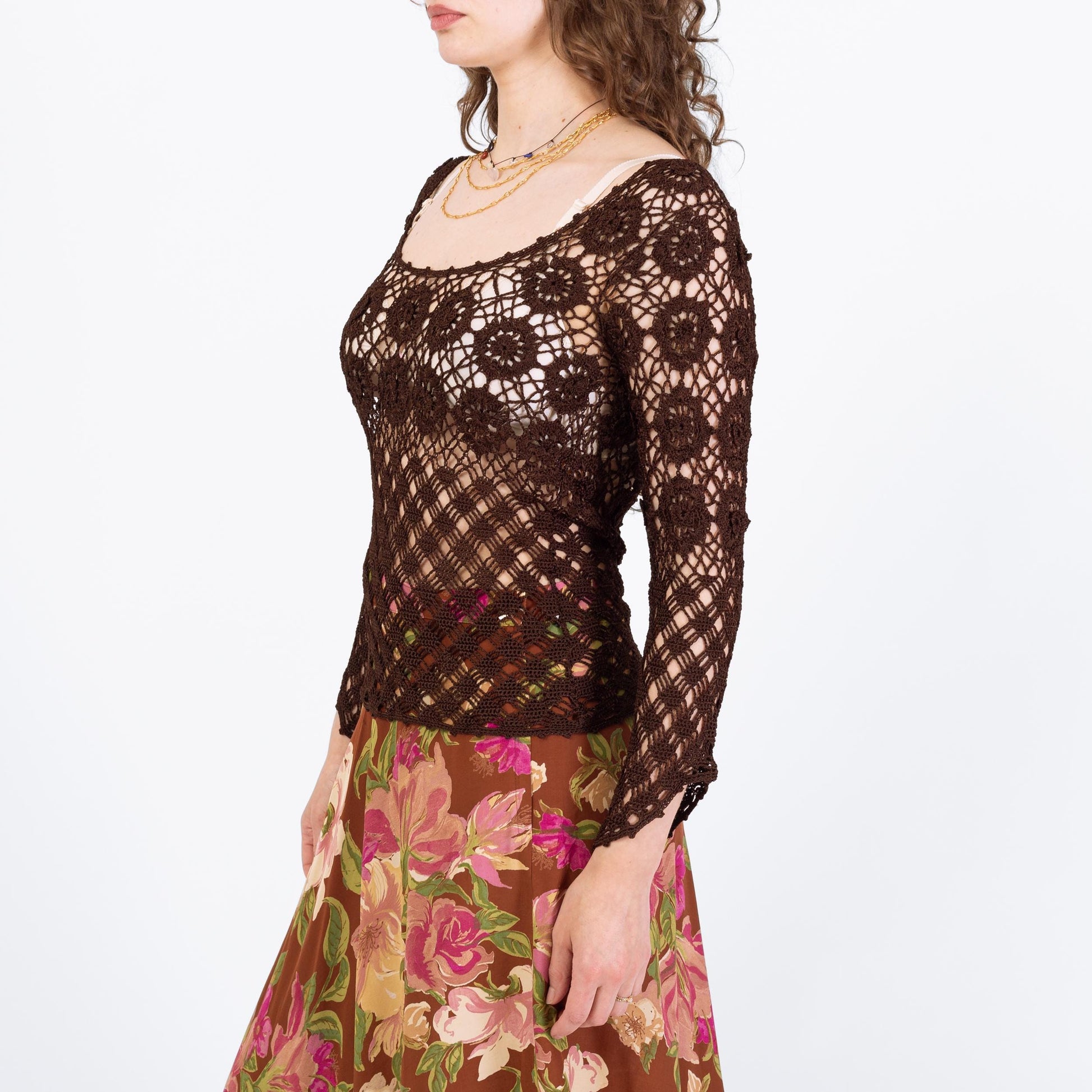 Vintage Y2K Brown Crochet Hippie Top - Small | Boho Spider Web Knit Sheer Angel Sleeve Blouse