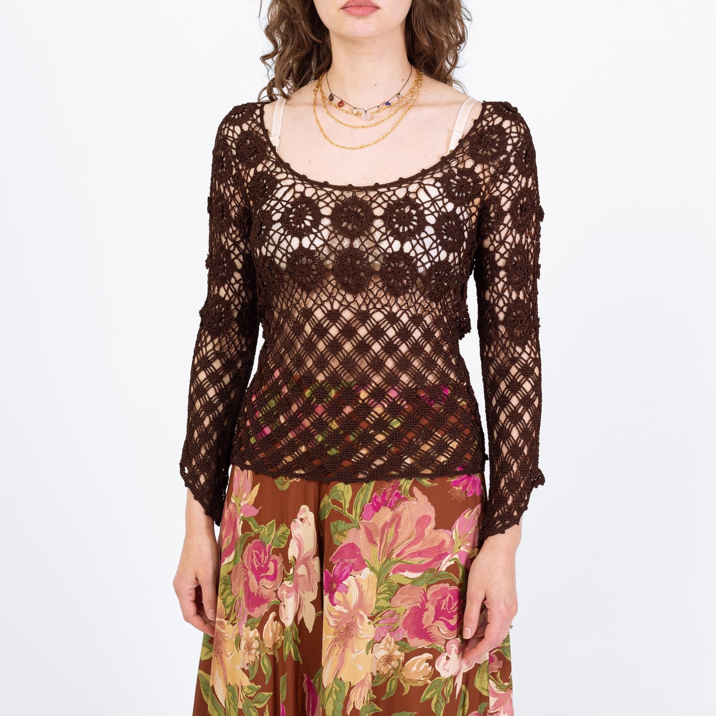 Vintage Y2K Brown Crochet Hippie Top - Small | Boho Spider Web Knit Sheer Angel Sleeve Blouse
