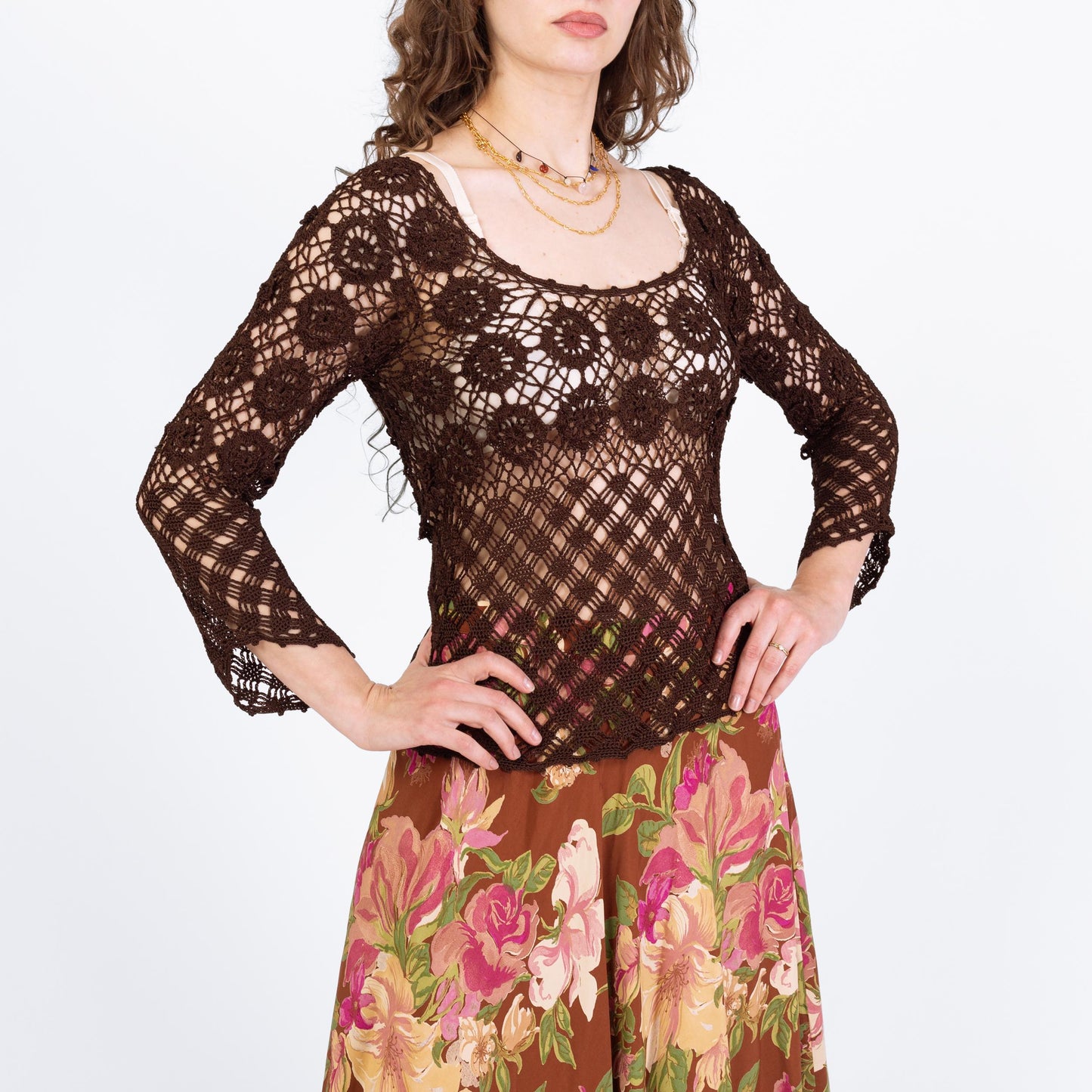 Vintage Y2K Brown Crochet Hippie Top - Small | Boho Spider Web Knit Sheer Angel Sleeve Blouse