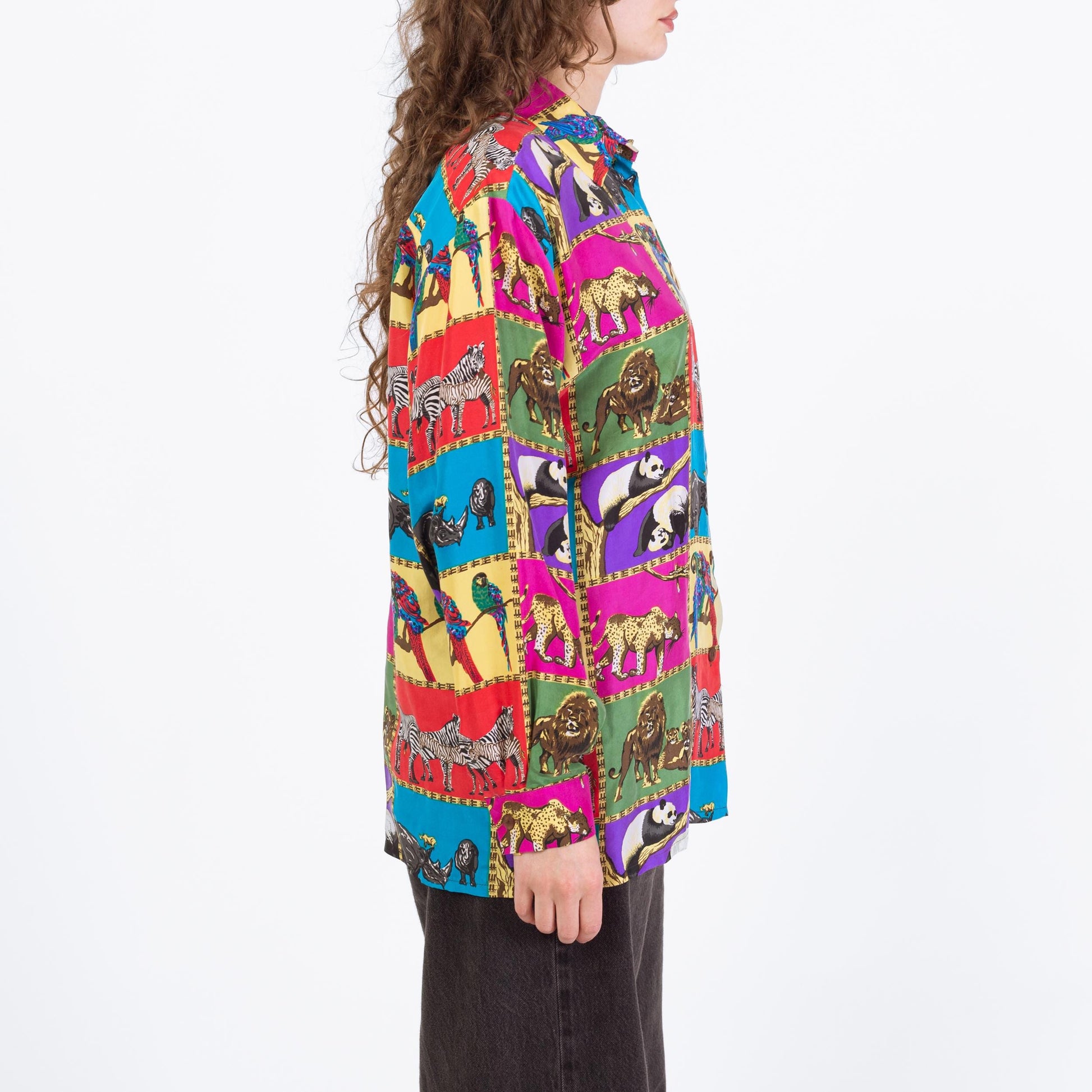 Vintage 90s Rainbow Silk African Animal Print Blouse - Large | Long Sleeve Collared Button Up Top