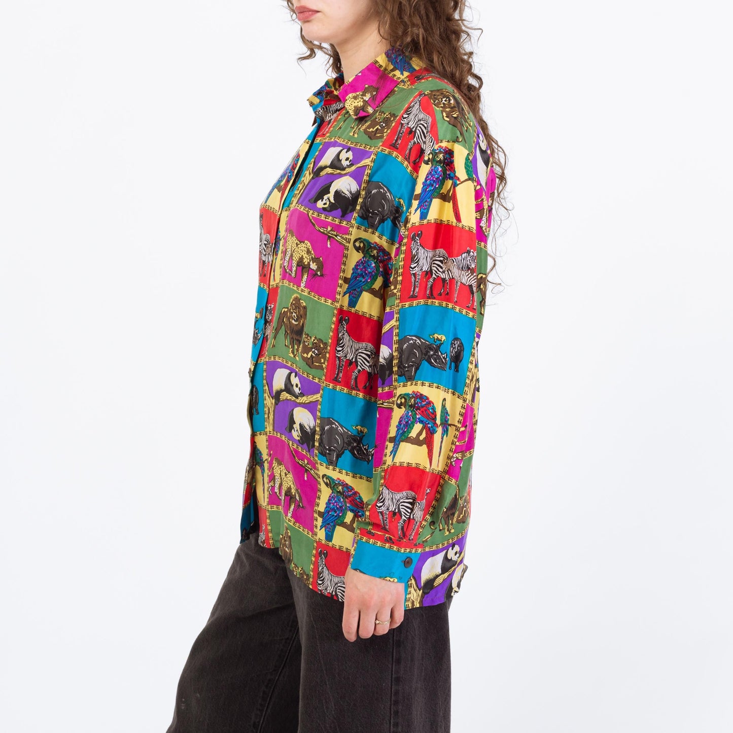 Vintage 90s Rainbow Silk African Animal Print Blouse - Large | Long Sleeve Collared Button Up Top