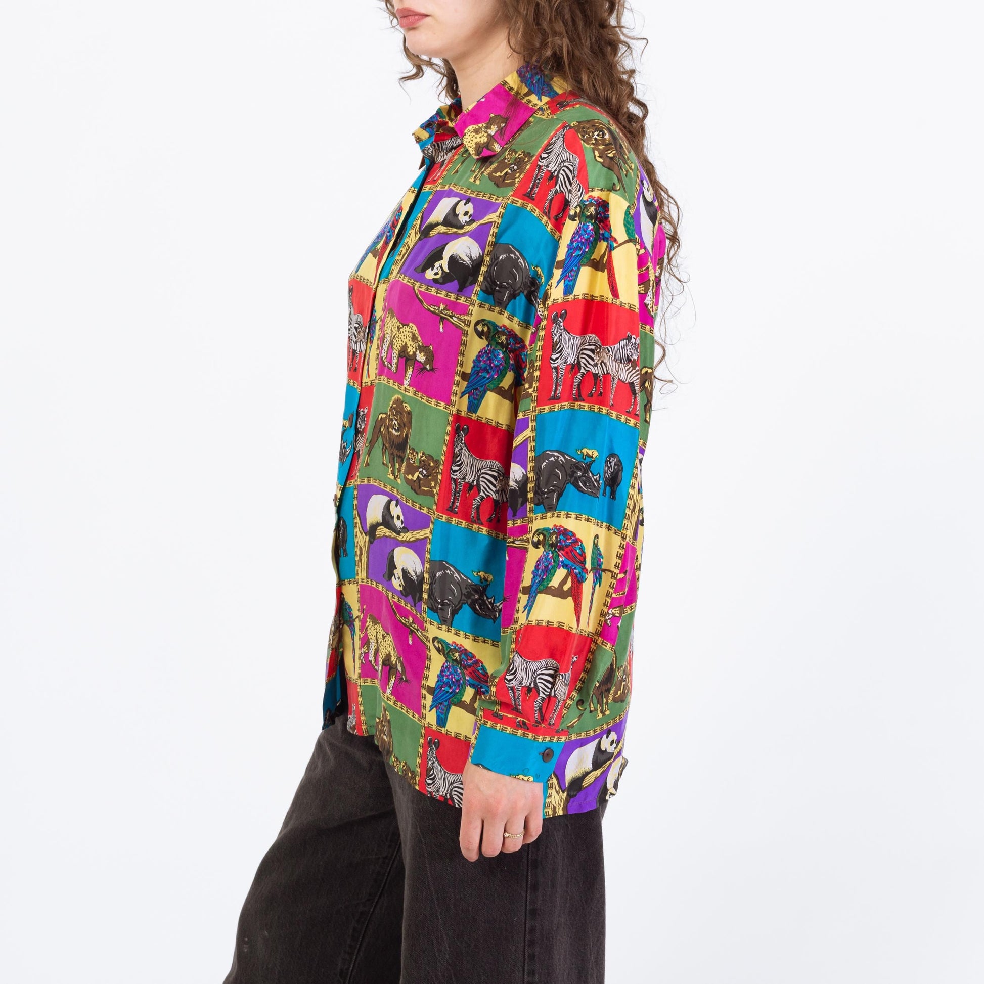 Vintage 90s Rainbow Silk African Animal Print Blouse - Large | Long Sleeve Collared Button Up Top