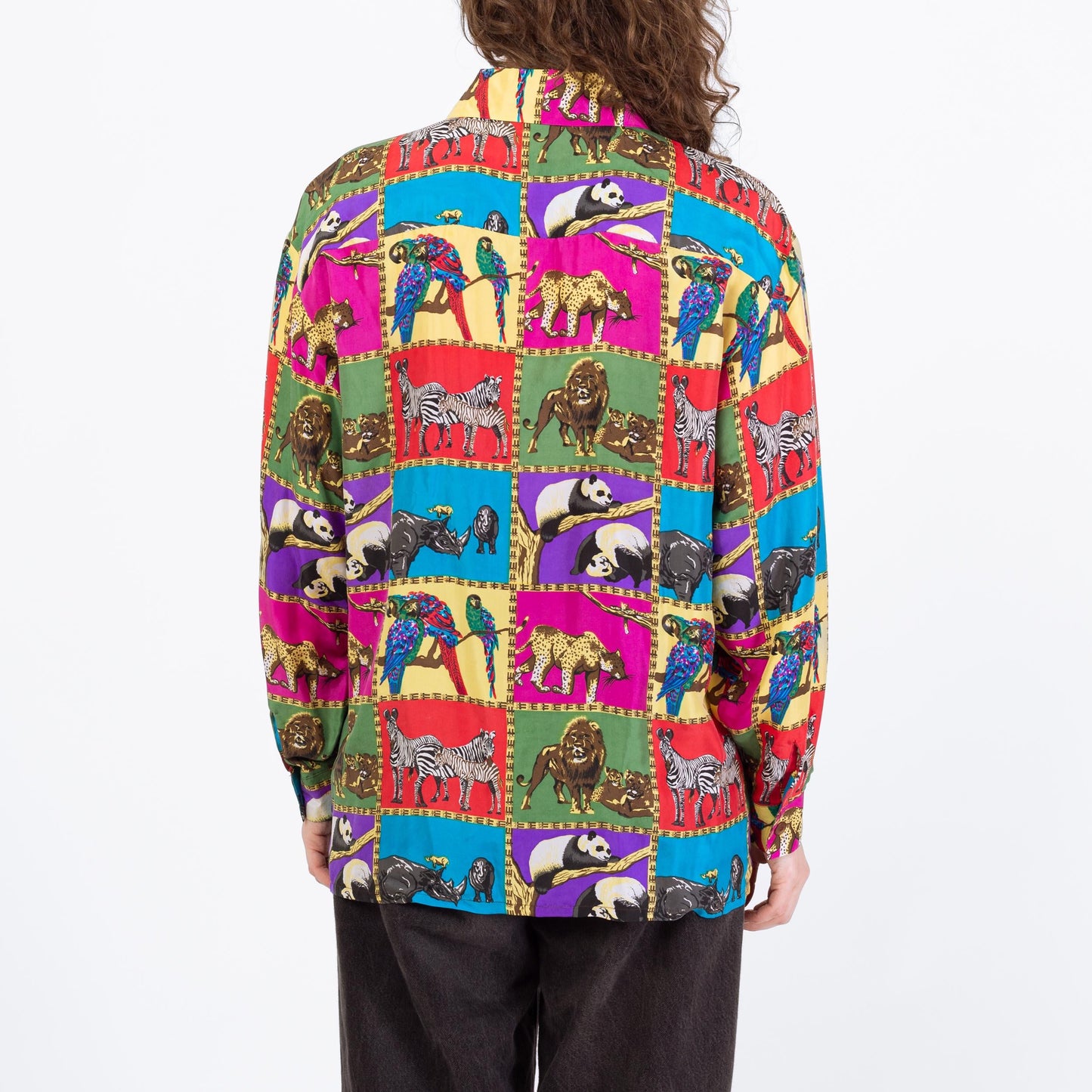 Vintage 90s Rainbow Silk African Animal Print Blouse - Large | Long Sleeve Collared Button Up Top