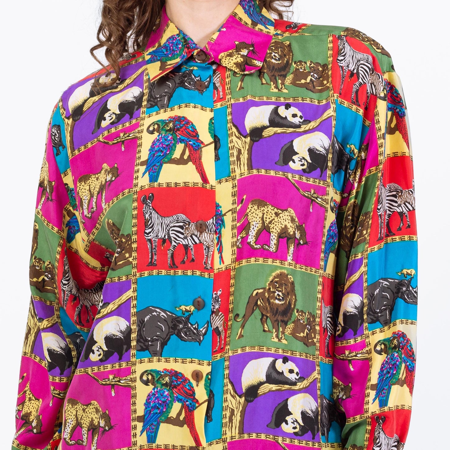 Vintage 90s Rainbow Silk African Animal Print Blouse - Large | Long Sleeve Collared Button Up Top