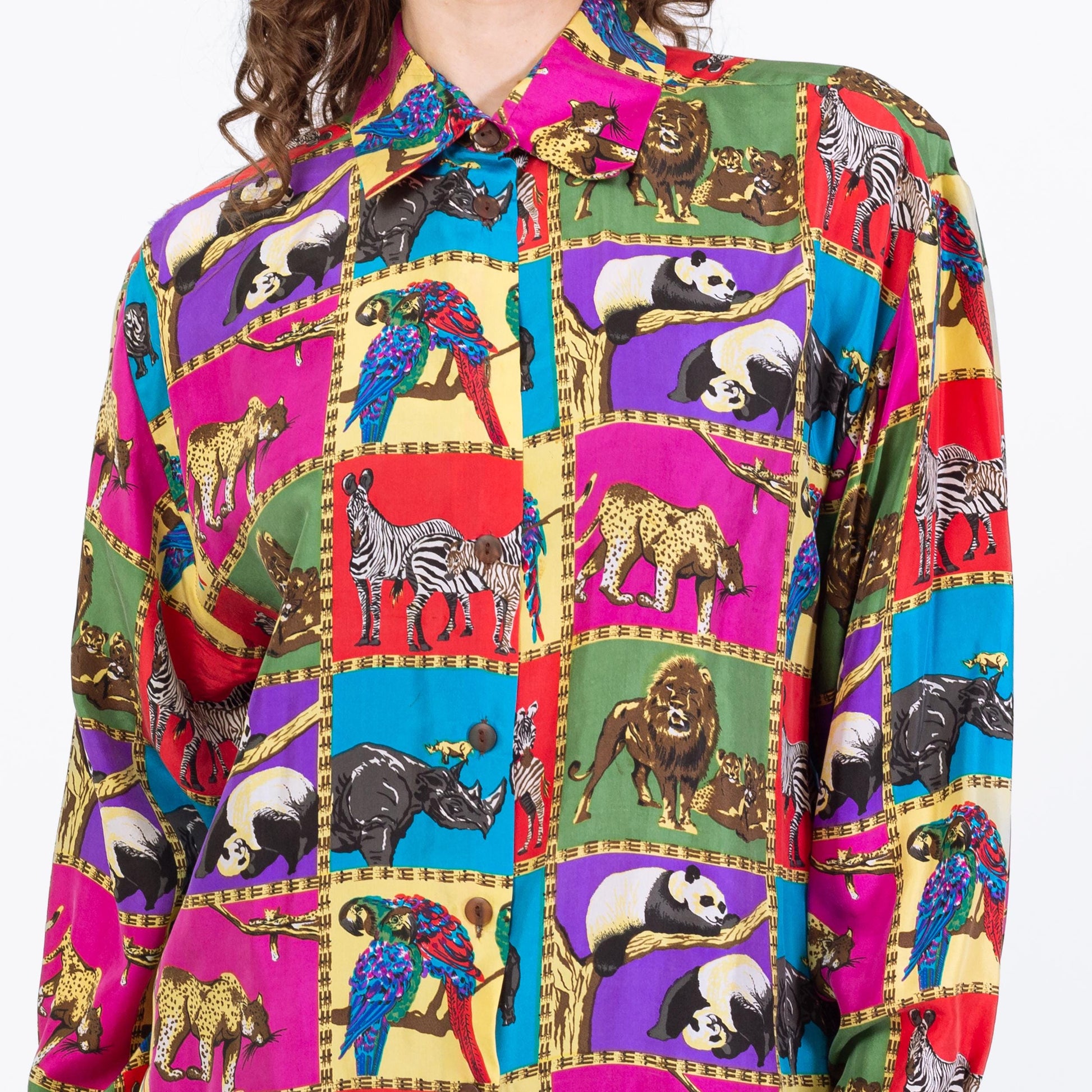 Vintage 90s Rainbow Silk African Animal Print Blouse - Large | Long Sleeve Collared Button Up Top