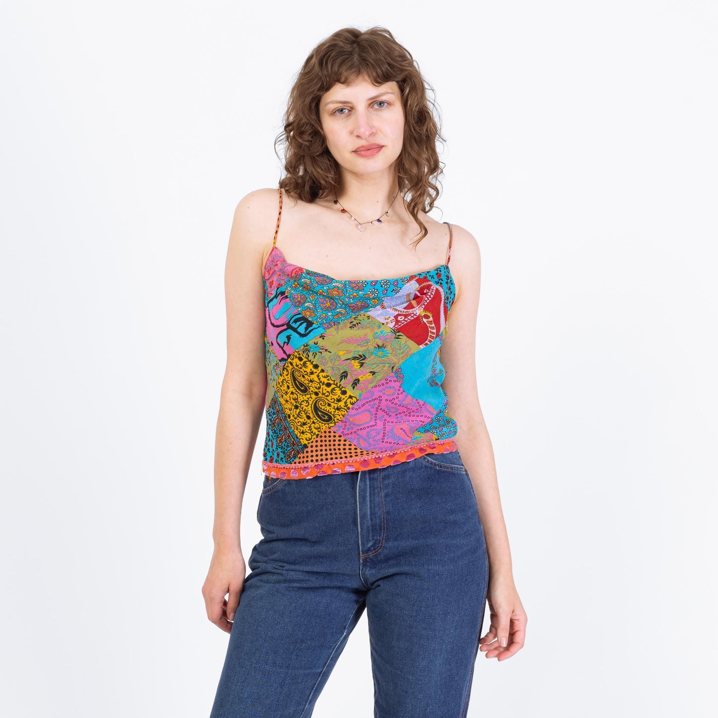 Vintage 90s Rainbow Patchwork Cowl Neck Top - Small | Draped Sleeveless Boho Blouse, 2000s Going Out Cami Top