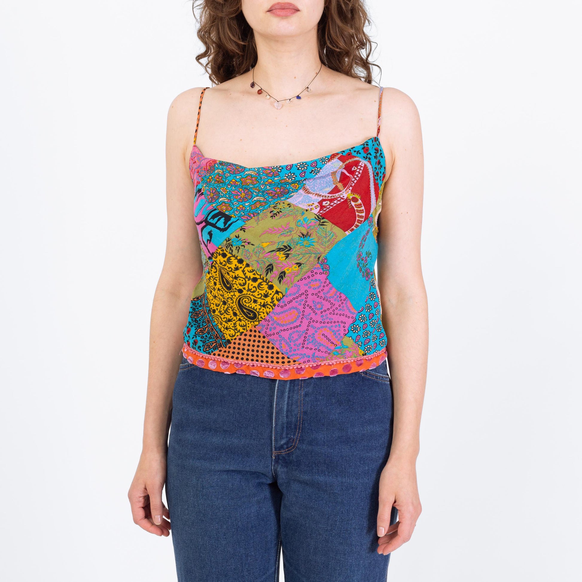 Vintage 90s Rainbow Patchwork Cowl Neck Top - Small | Draped Sleeveless Boho Blouse, 2000s Going Out Cami Top