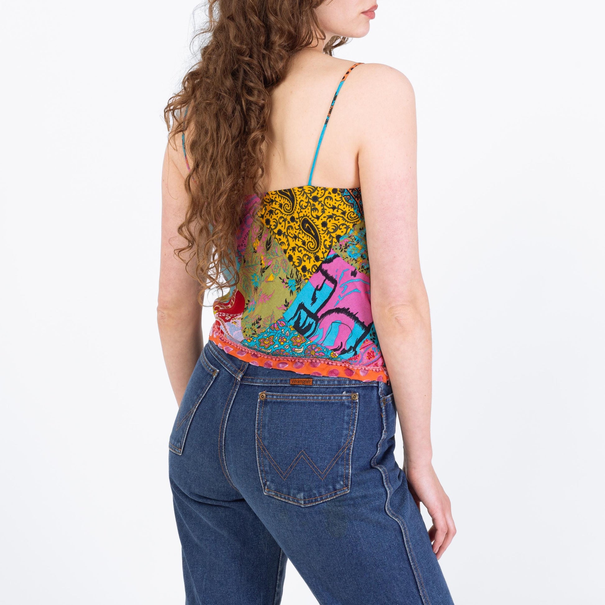 Vintage 90s Rainbow Patchwork Cowl Neck Top - Small | Draped Sleeveless Boho Blouse, 2000s Going Out Cami Top