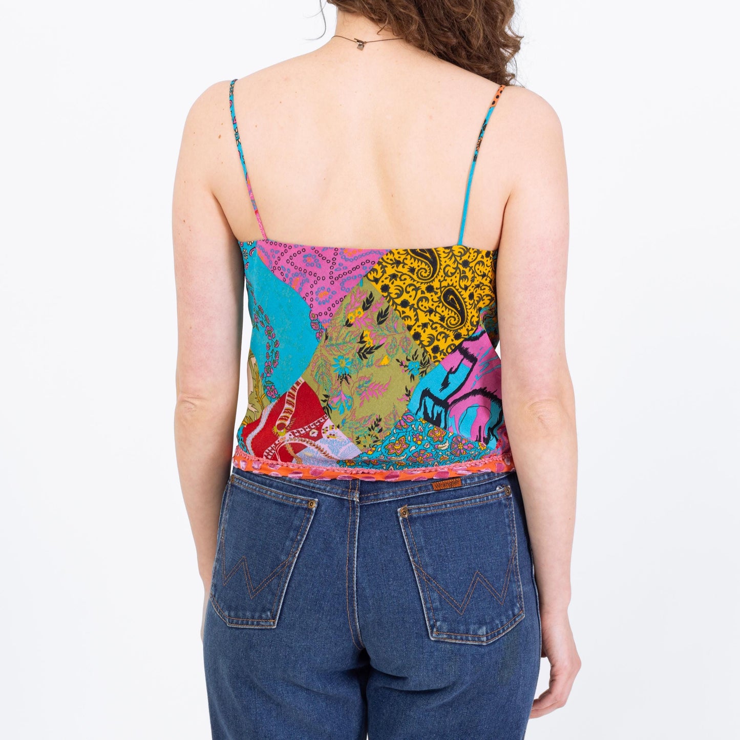 Vintage 90s Rainbow Patchwork Cowl Neck Top - Small | Draped Sleeveless Boho Blouse, 2000s Going Out Cami Top