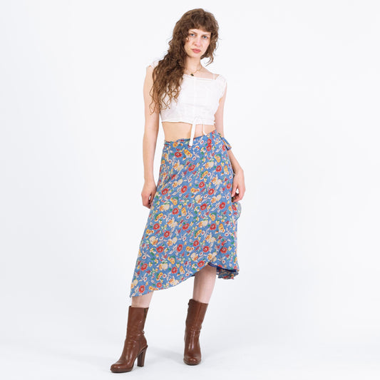 Vintage 90s Y2k Ralph Lauren Cornflower Blue Silk Floral Midi Wrap Skirt - Large | Boho High Low Hem Skirt