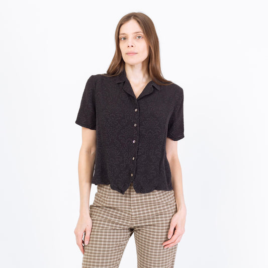 Vintage 90s Black Silk Damask Floral Shirt - Large | Cropped Button Up Blouse