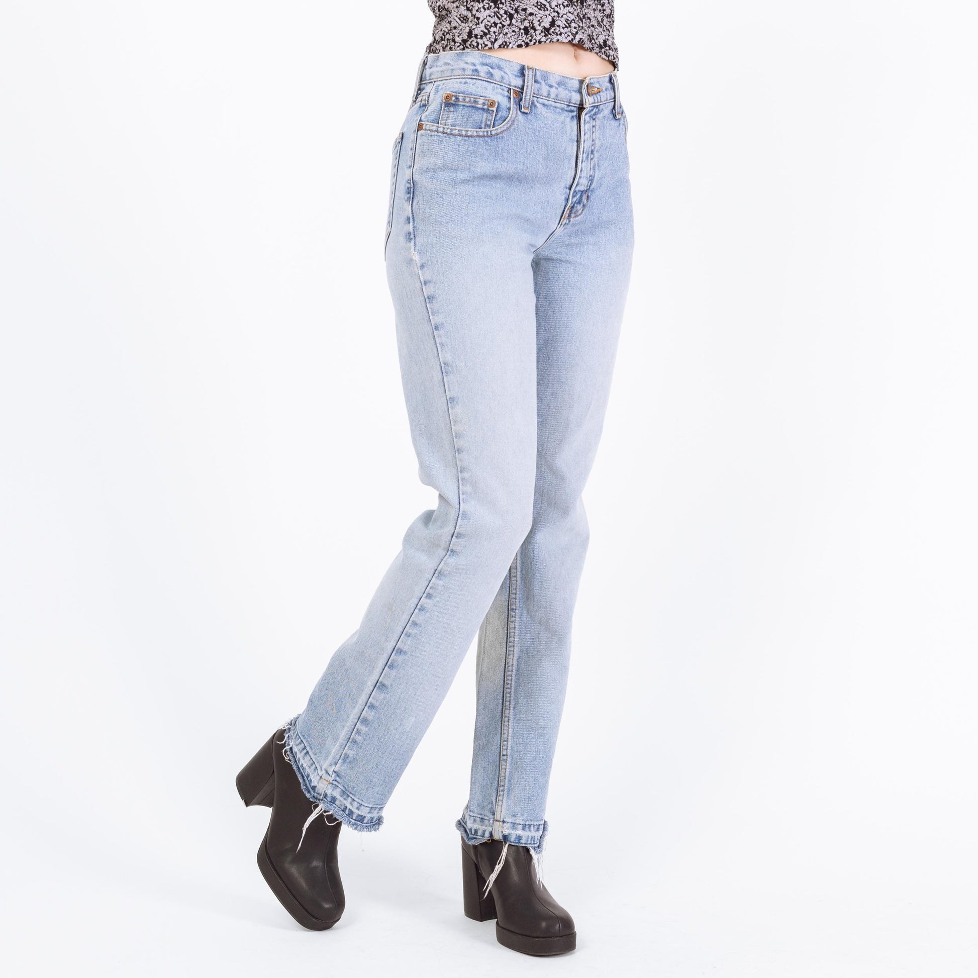 Vintage Y2K Light Wash Raw Hem Bootcut Jeans – Small | Faded Denim 2000s Low Mid Rise Jeans