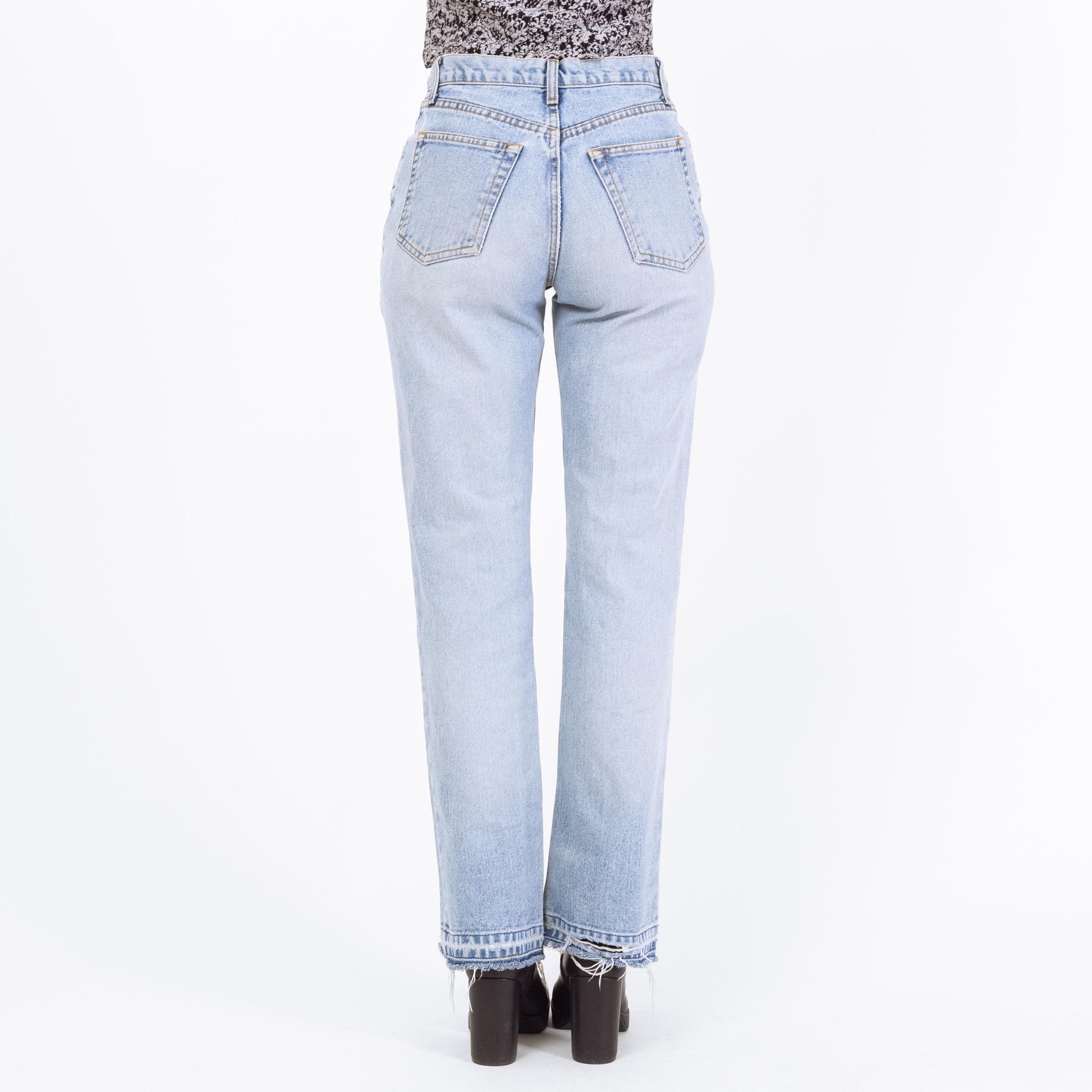 Vintage Y2K Light Wash Raw Hem Bootcut Jeans – Small | Faded Denim 2000s Low Mid Rise Jeans