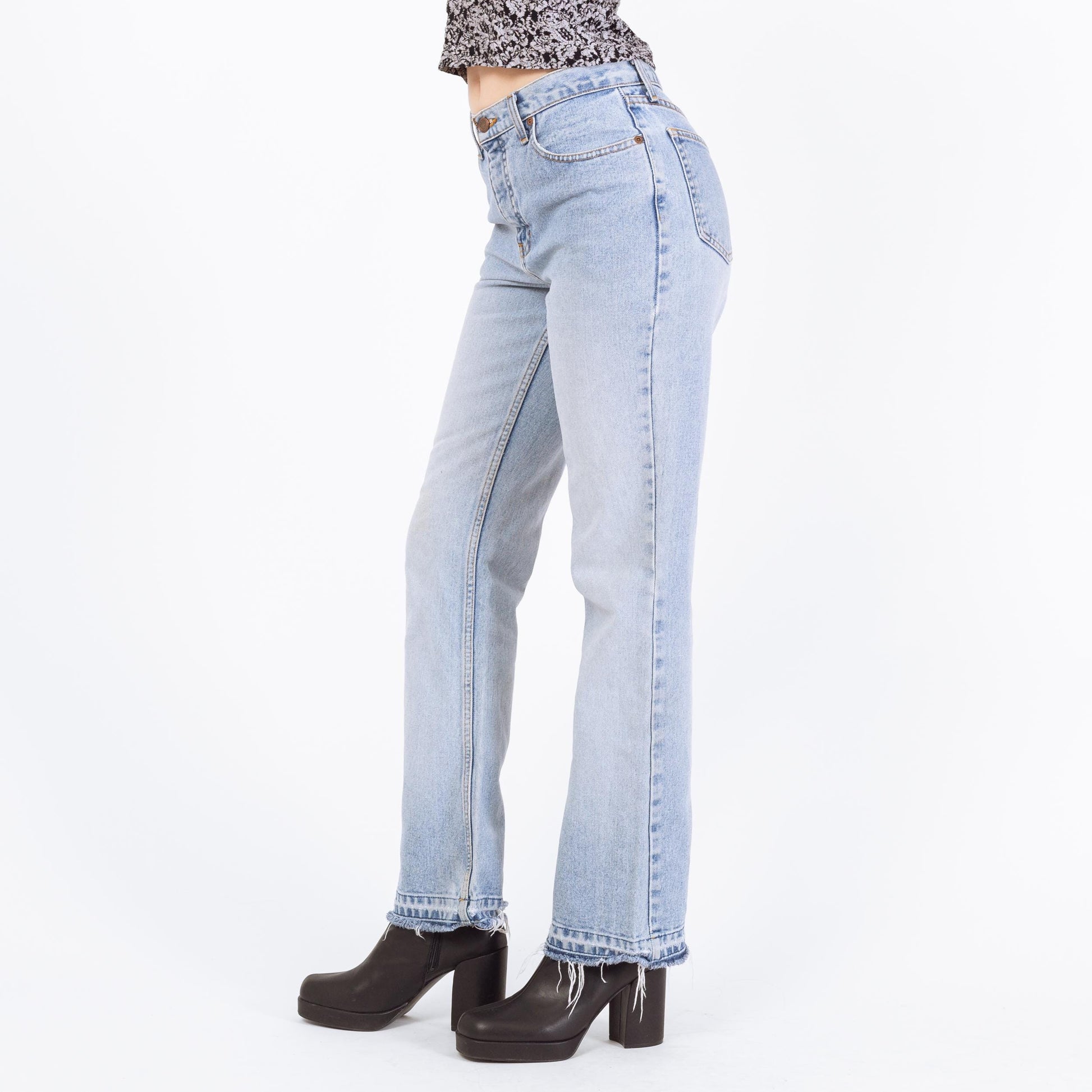 Vintage Y2K Light Wash Raw Hem Bootcut Jeans – Small | Faded Denim 2000s Low Mid Rise Jeans