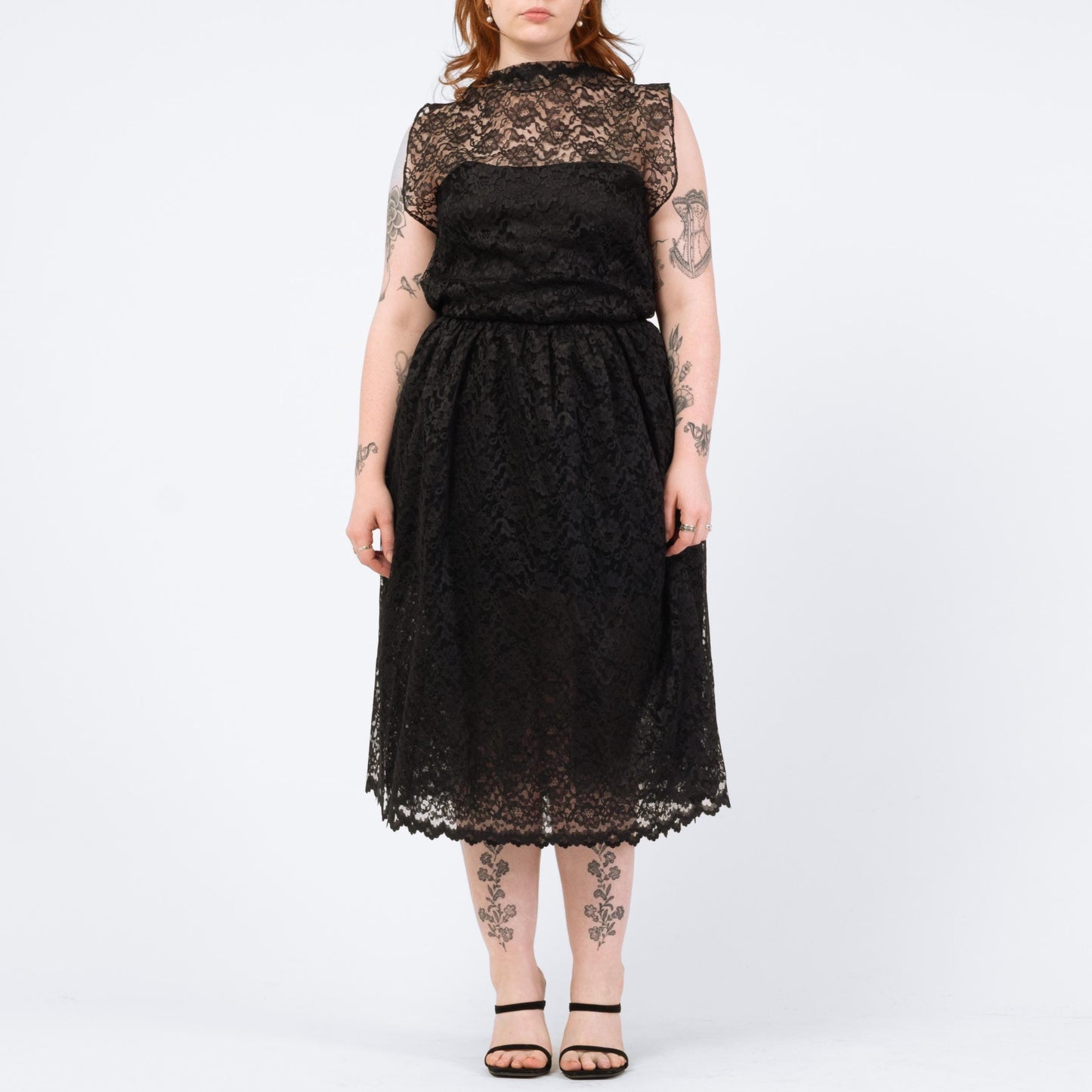 Vintage 70s 80s Black Lace Fit & Flare Party Dress - Medium | Keyhole Back Sheer Overlay Midi Dress