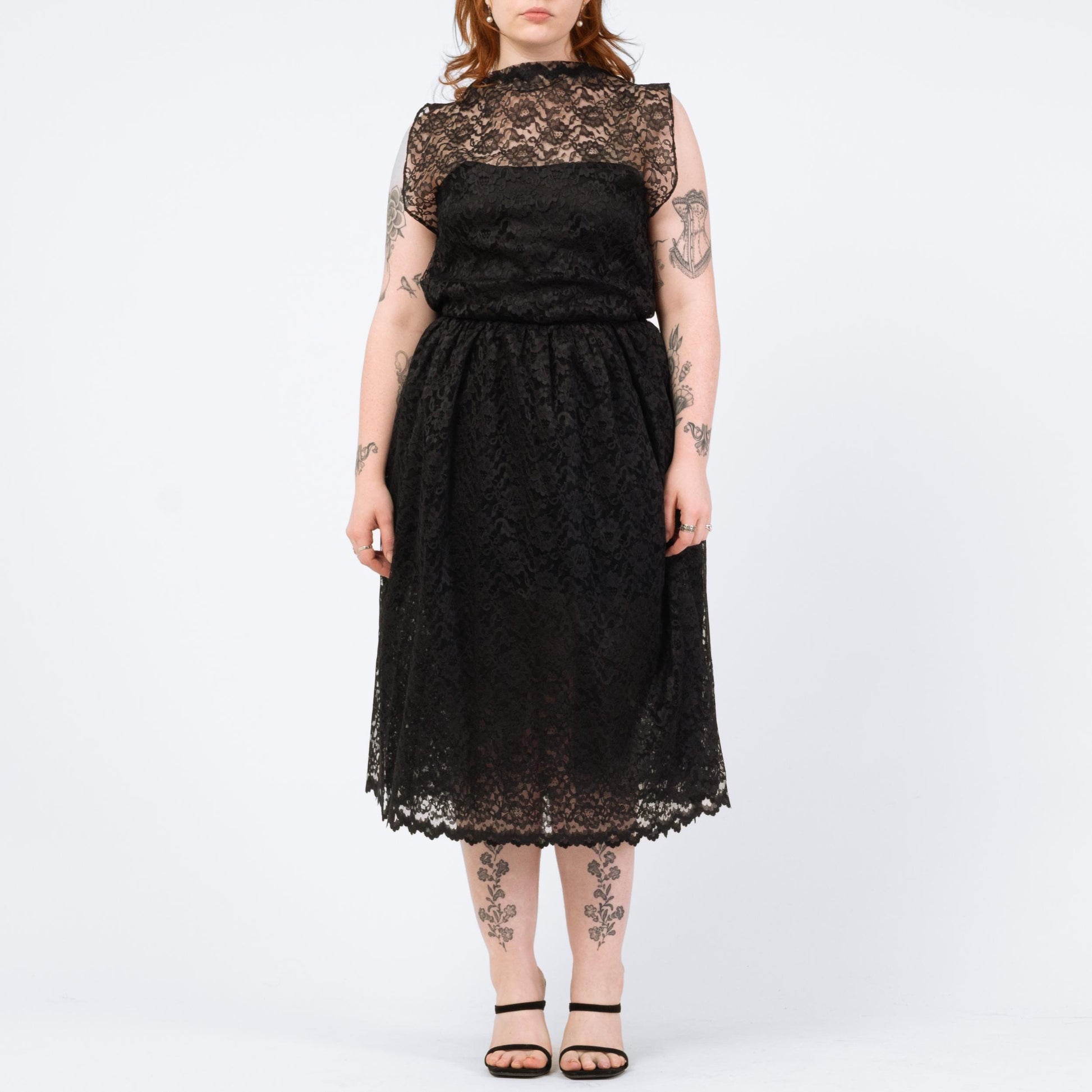 Vintage 70s 80s Black Lace Fit & Flare Party Dress - Medium | Keyhole Back Sheer Overlay Midi Dress