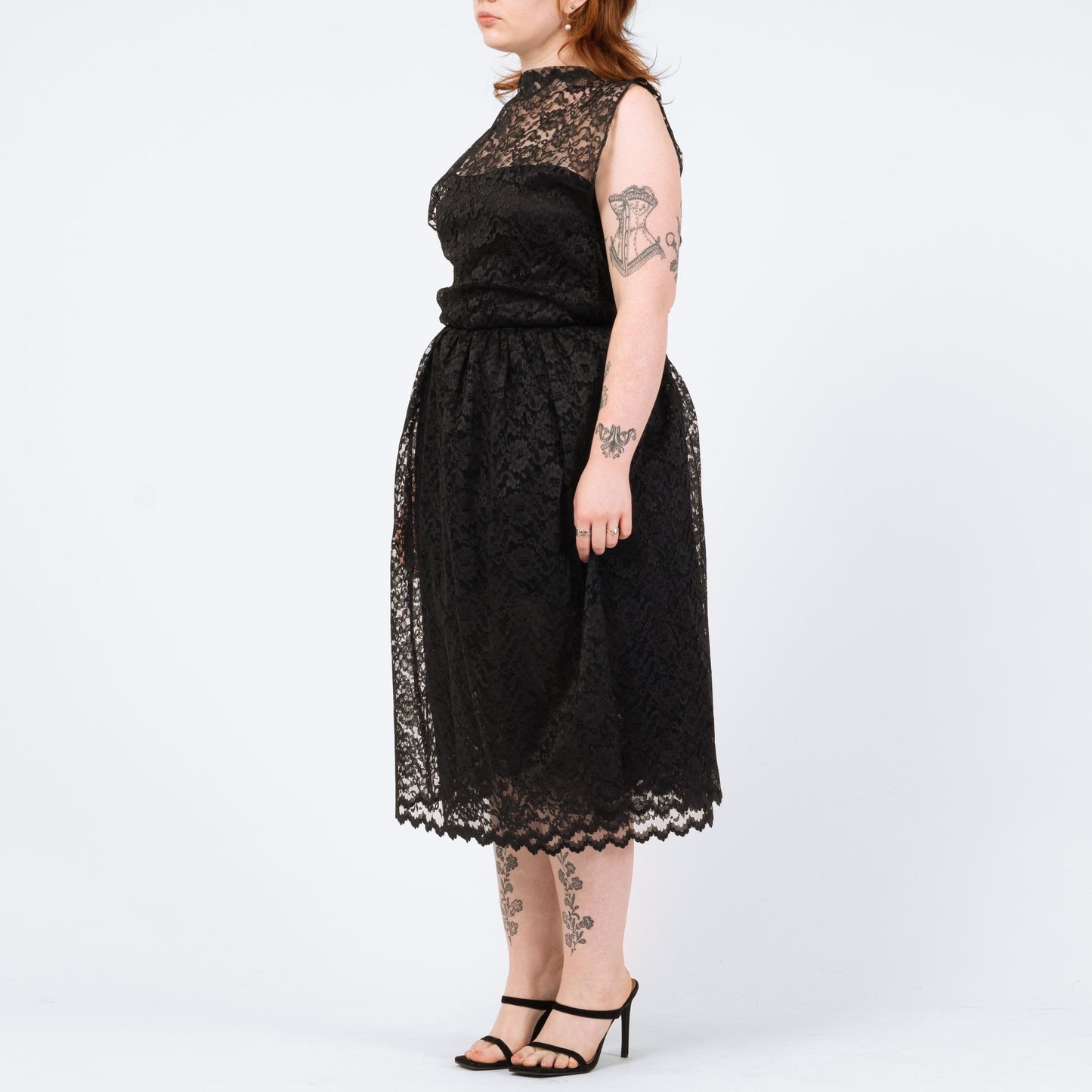 Vintage 70s 80s Black Lace Fit & Flare Party Dress - Medium | Keyhole Back Sheer Overlay Midi Dress
