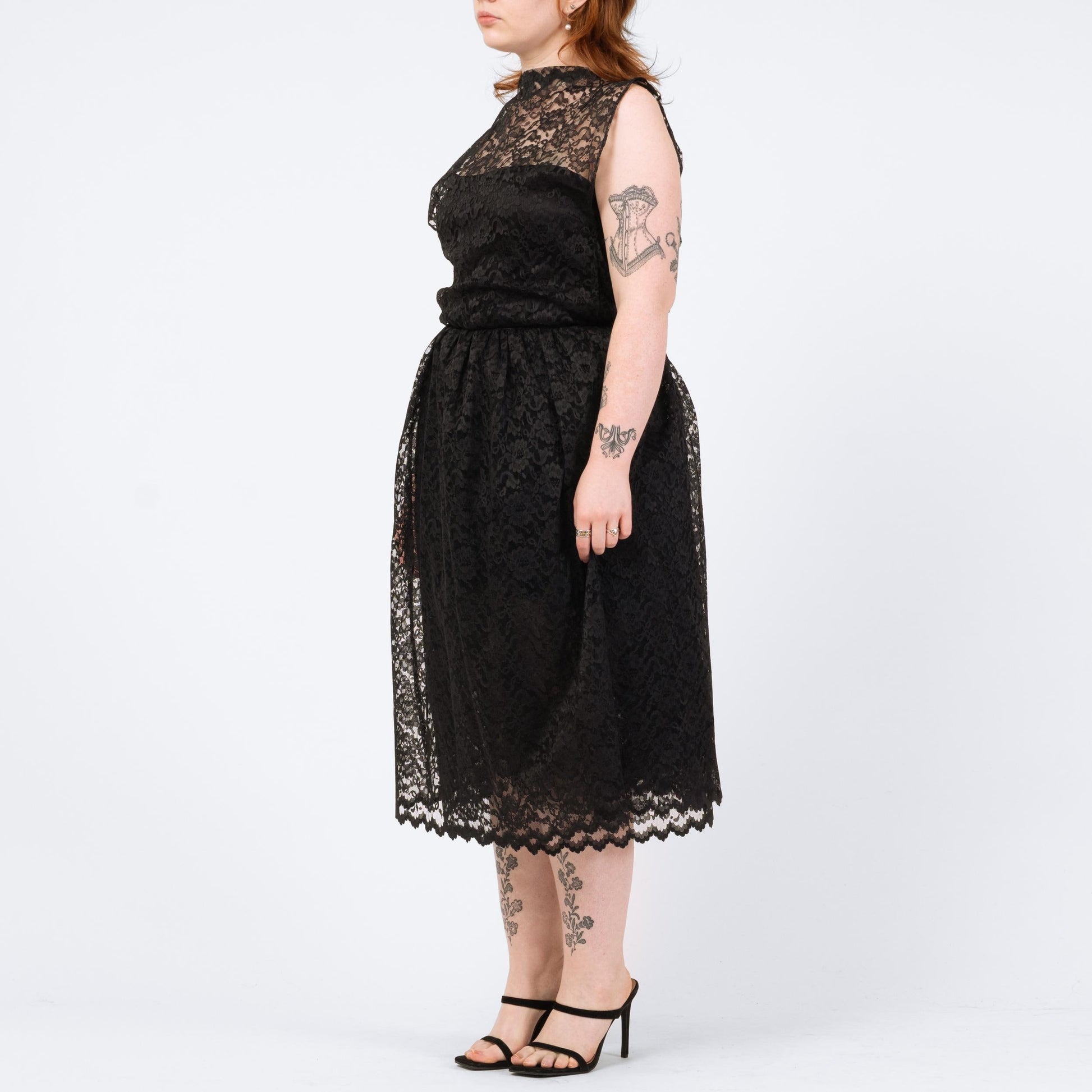 Vintage 70s 80s Black Lace Fit & Flare Party Dress - Medium | Keyhole Back Sheer Overlay Midi Dress