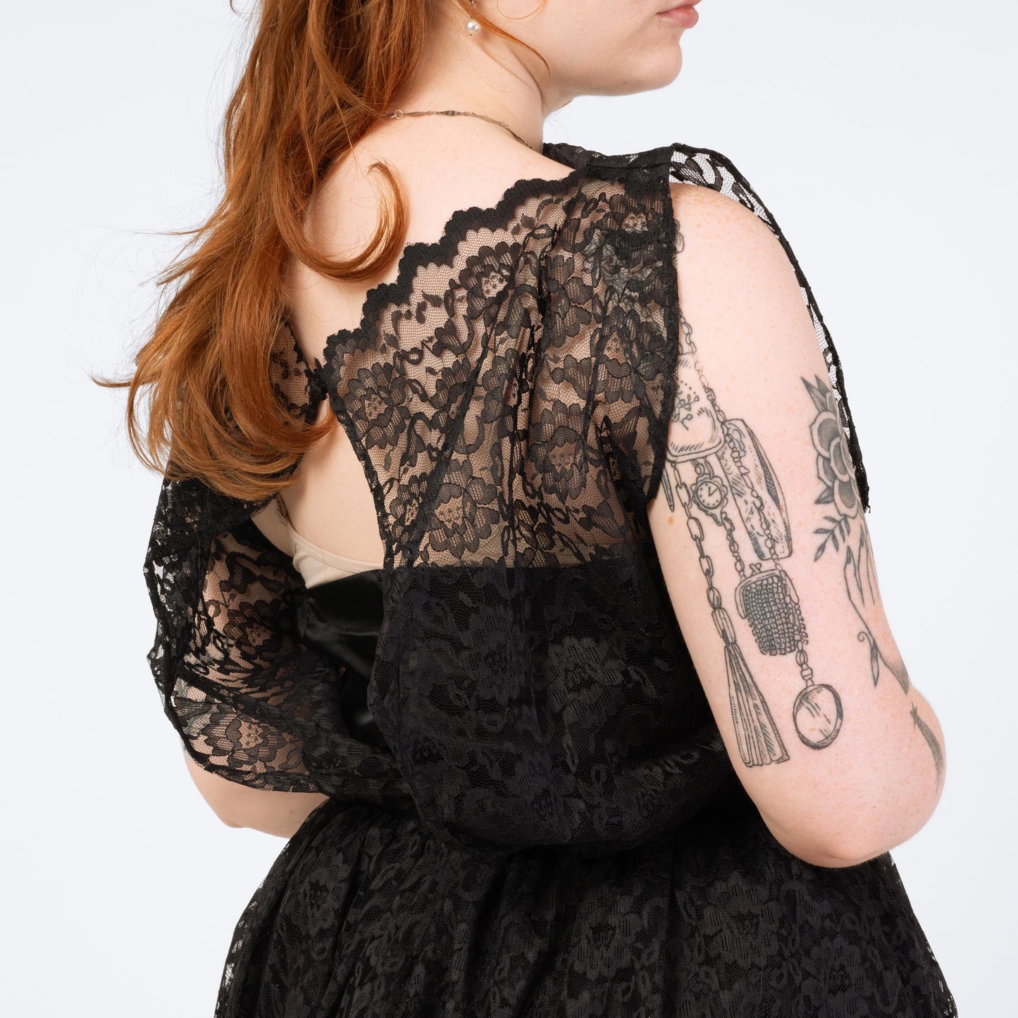 Vintage 70s 80s Black Lace Fit & Flare Party Dress - Medium | Keyhole Back Sheer Overlay Midi Dress